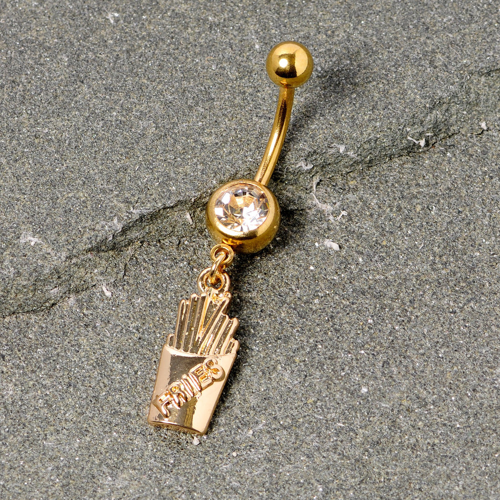 BodyCandy Clear Gem Gold Tone Fast Food French Fries Dangle Belly Ring — detail close-up