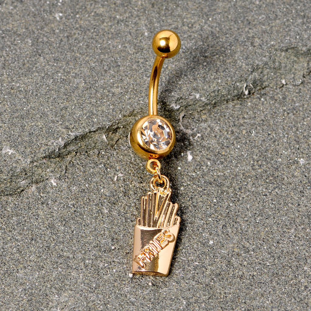 BodyCandy Clear Gem Gold Tone Fast Food French Fries Dangle Belly Ring — lifestyle context