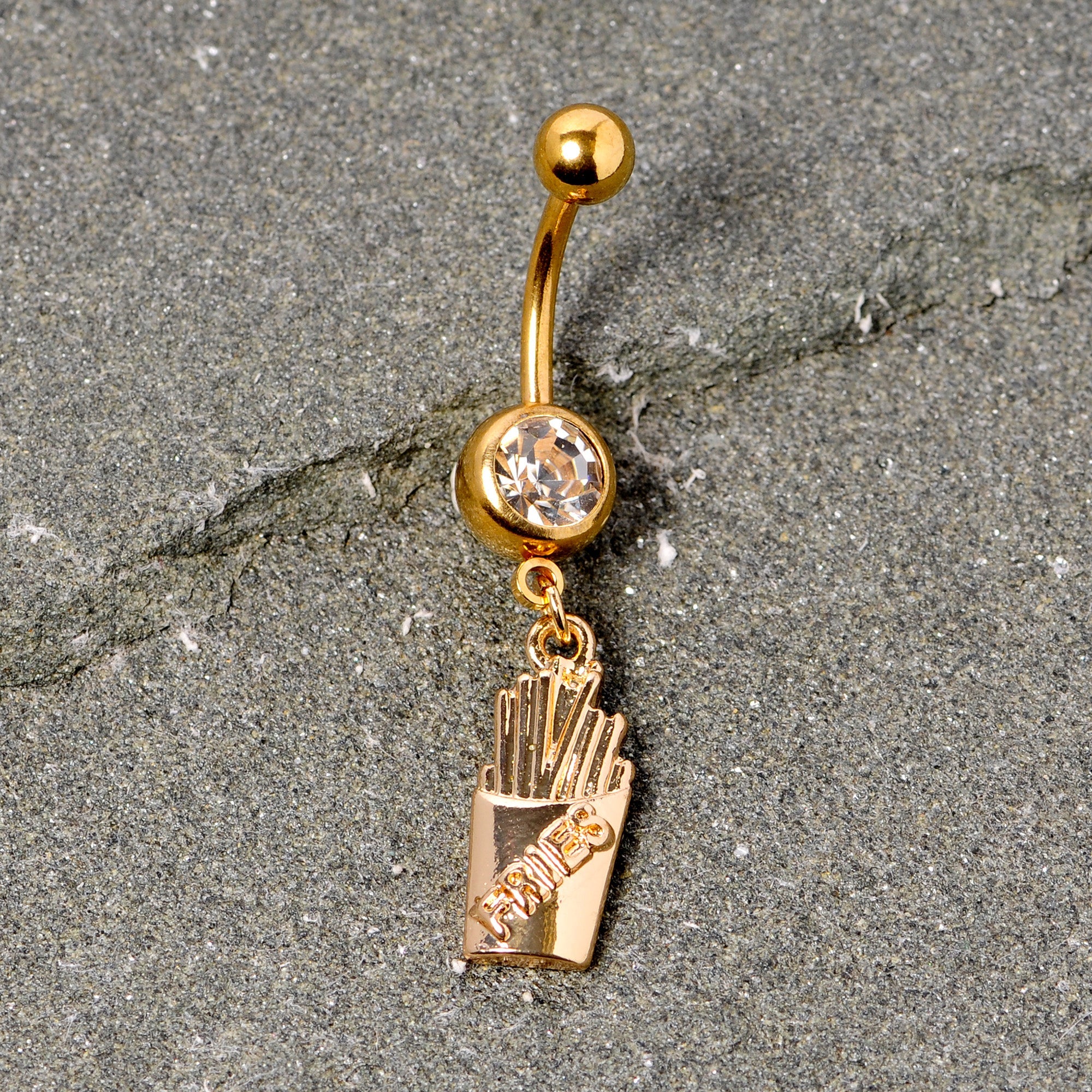 BodyCandy Clear Gem Gold Tone Fast Food French Fries Dangle Belly Ring — lifestyle context