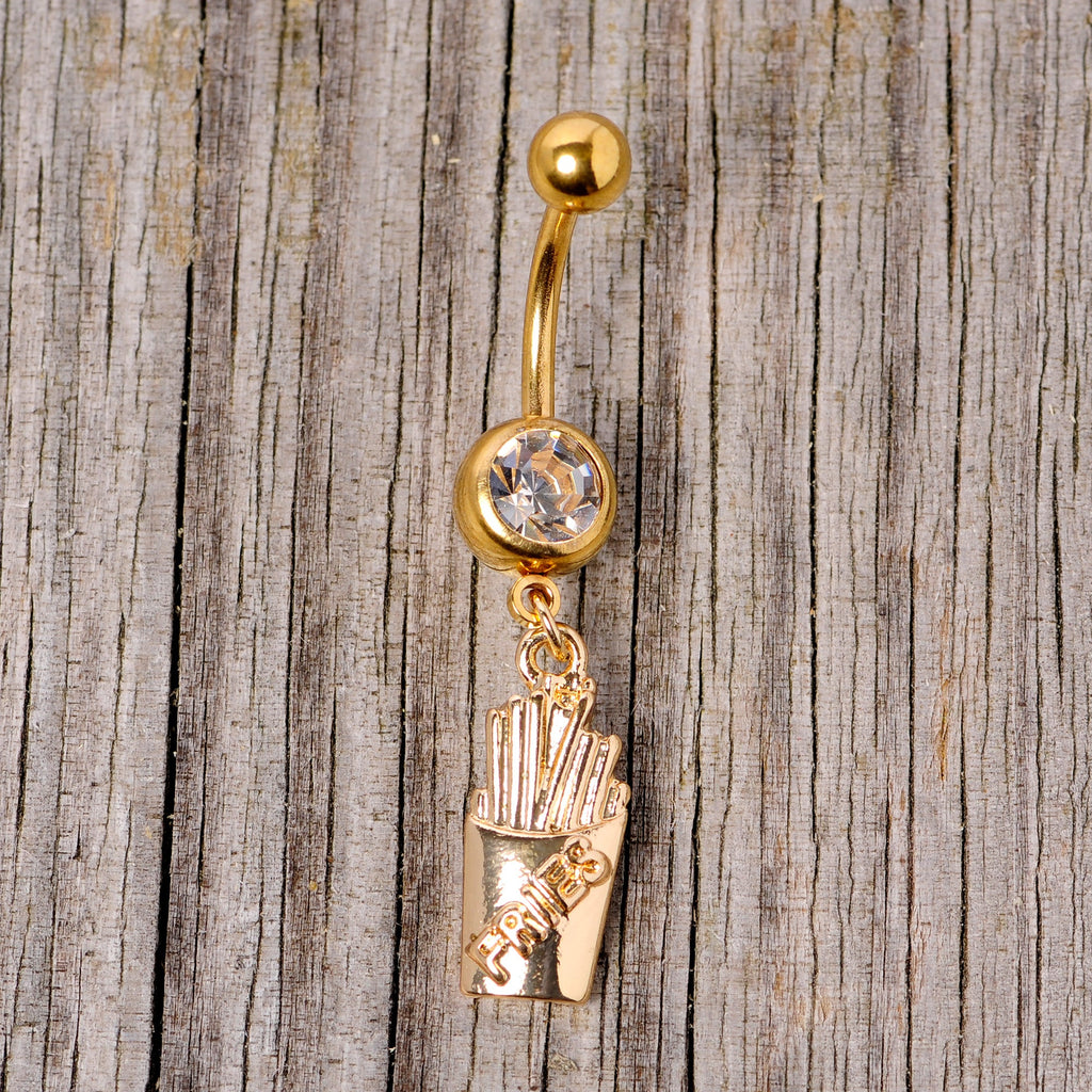 BodyCandy Clear Gem Gold Tone Fast Food French Fries Dangle Belly Ring — side view