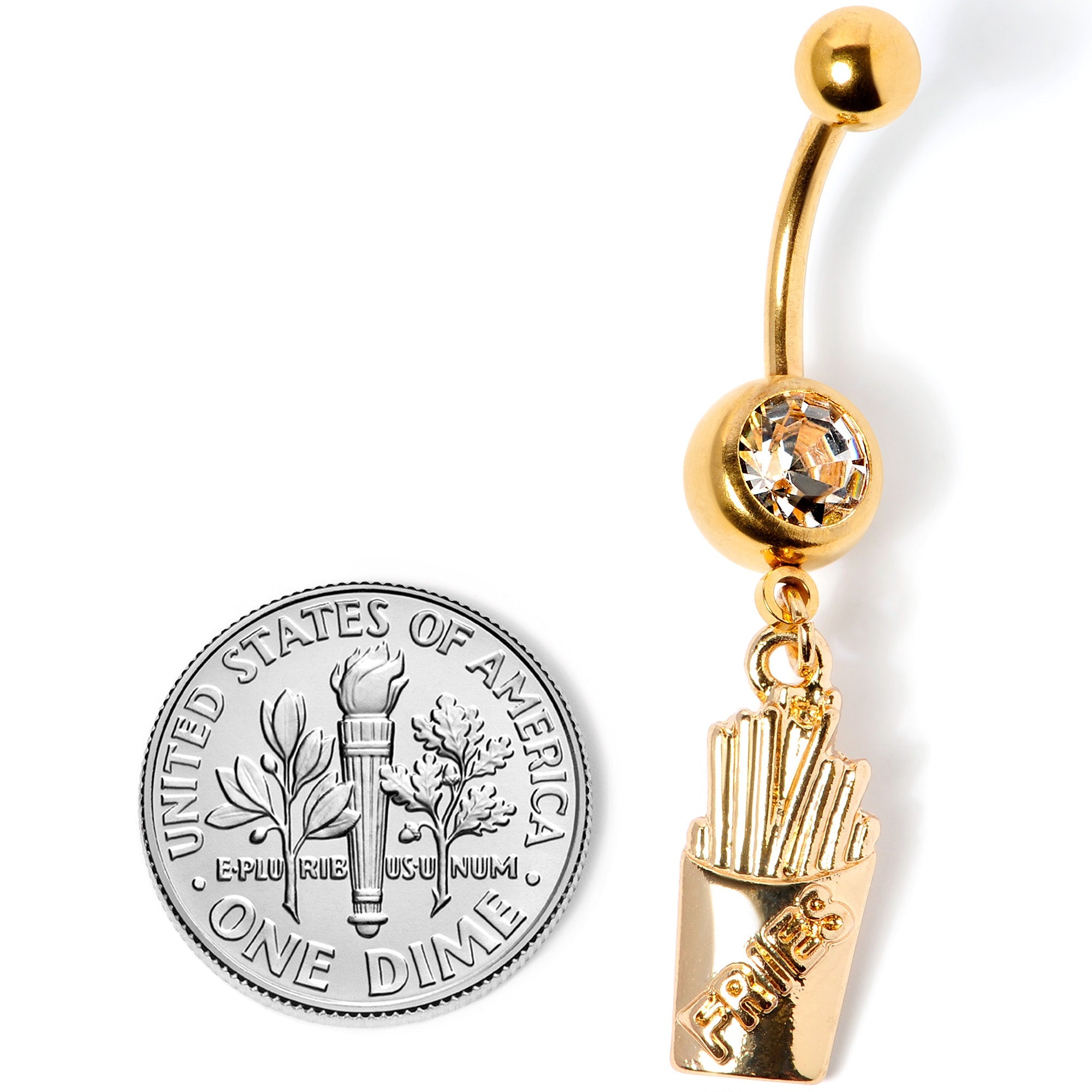 BodyCandy Clear Gem Gold Tone Fast Food French Fries Dangle Belly Ring — back view
