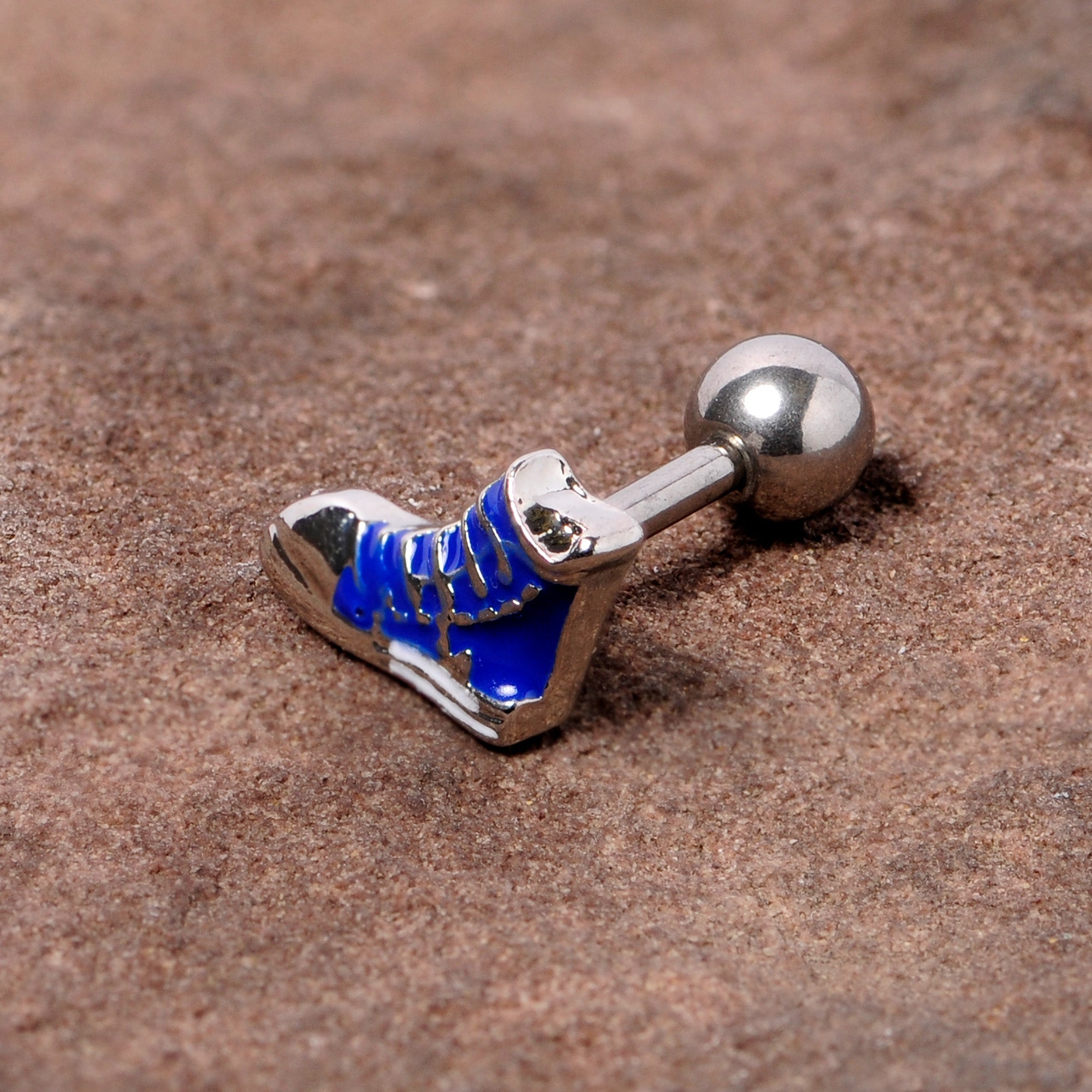 BodyCandy 16G 1/4 Blue High Top Sneaker Cartilage Tragus Earring — detail close-up