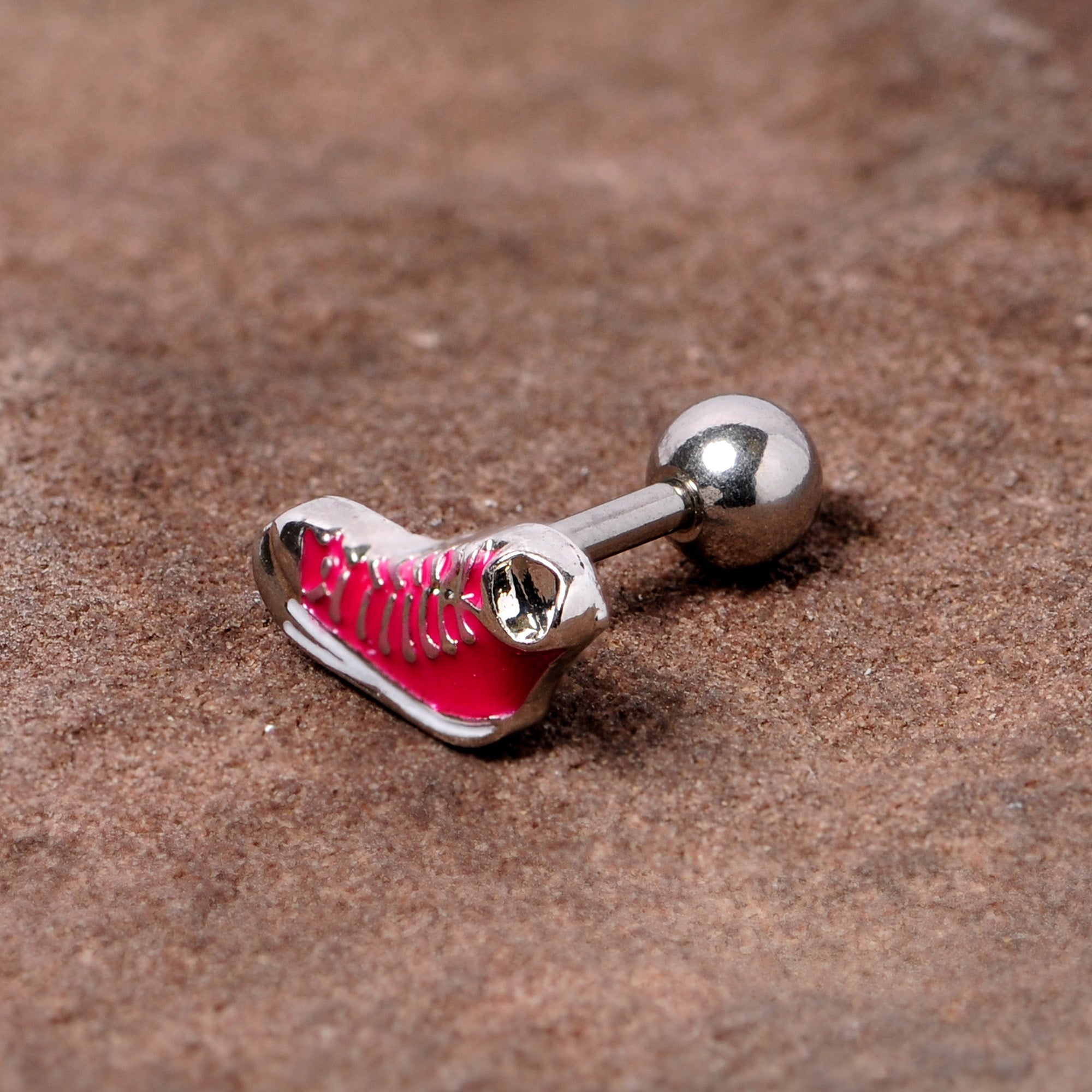 BodyCandy 16G 1/4 Pink High Top Sneaker Cartilage Tragus Earring — detail close-up