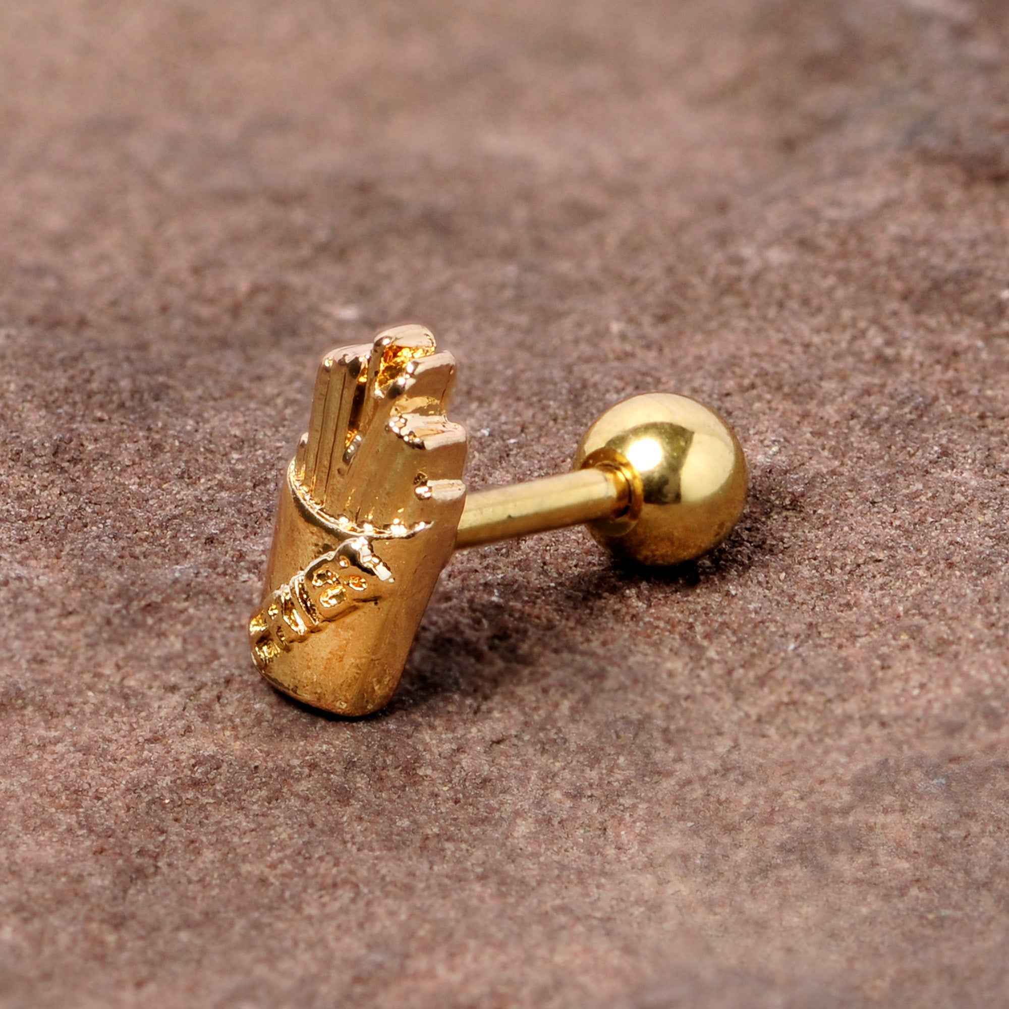 BodyCandy 16G 1/4 Gold Tone Fast Food French Fries Cartilage Tragus Earring — detail close-up