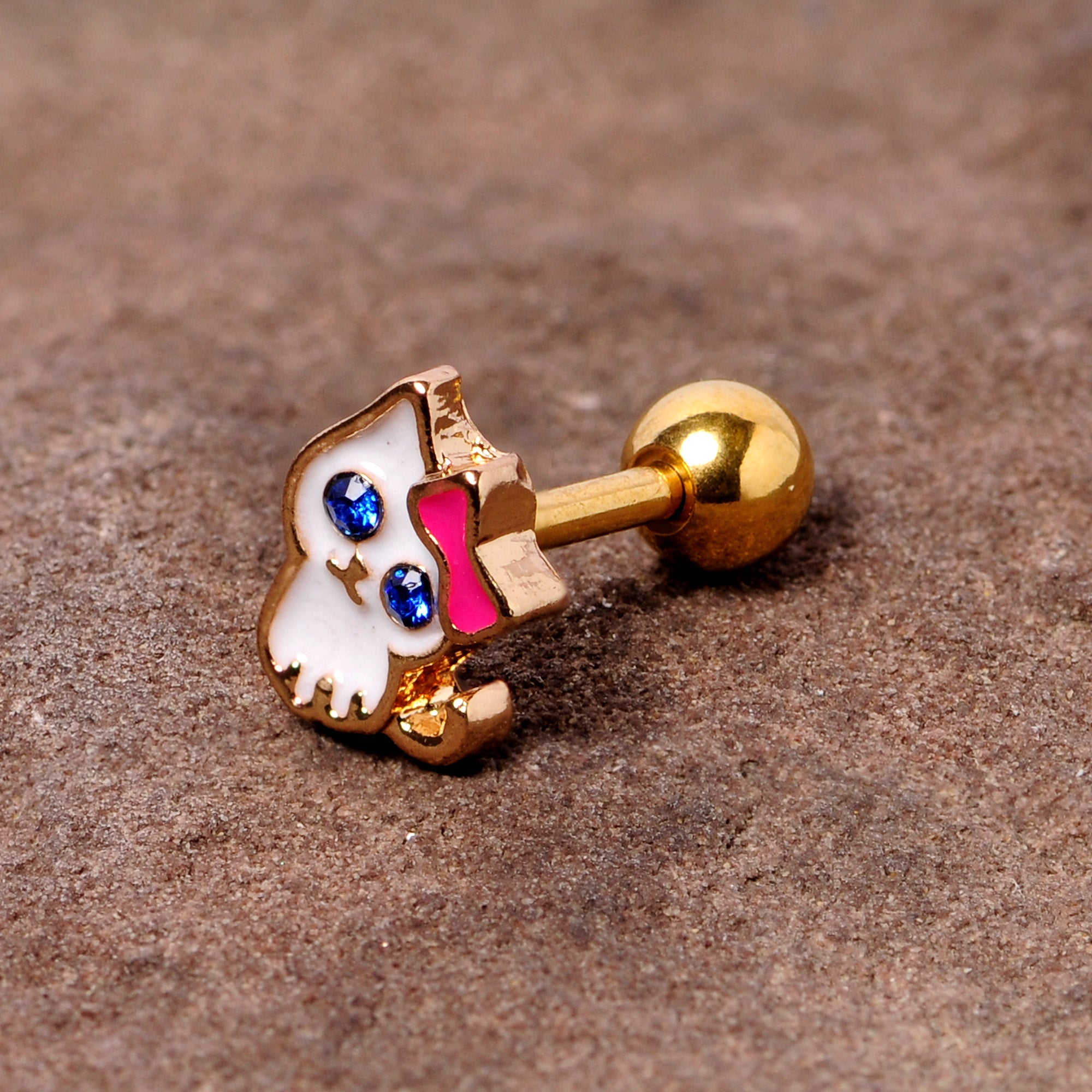 BodyCandy 16G 1/4 Blue Gem Gold Tone Sweet Kitty Cat Cartilage Tragus — detail close-up