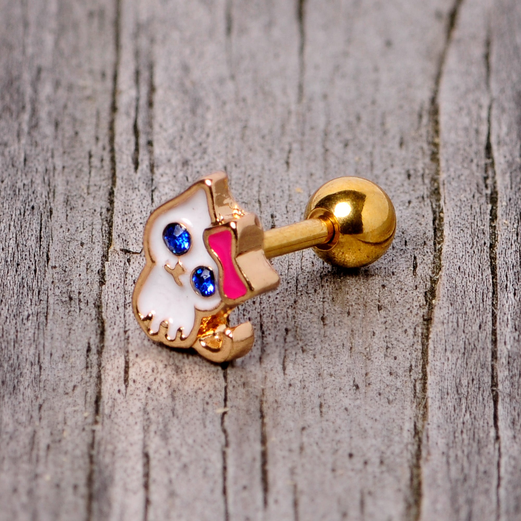 BodyCandy 16G 1/4 Blue Gem Gold Tone Sweet Kitty Cat Cartilage Tragus — back view
