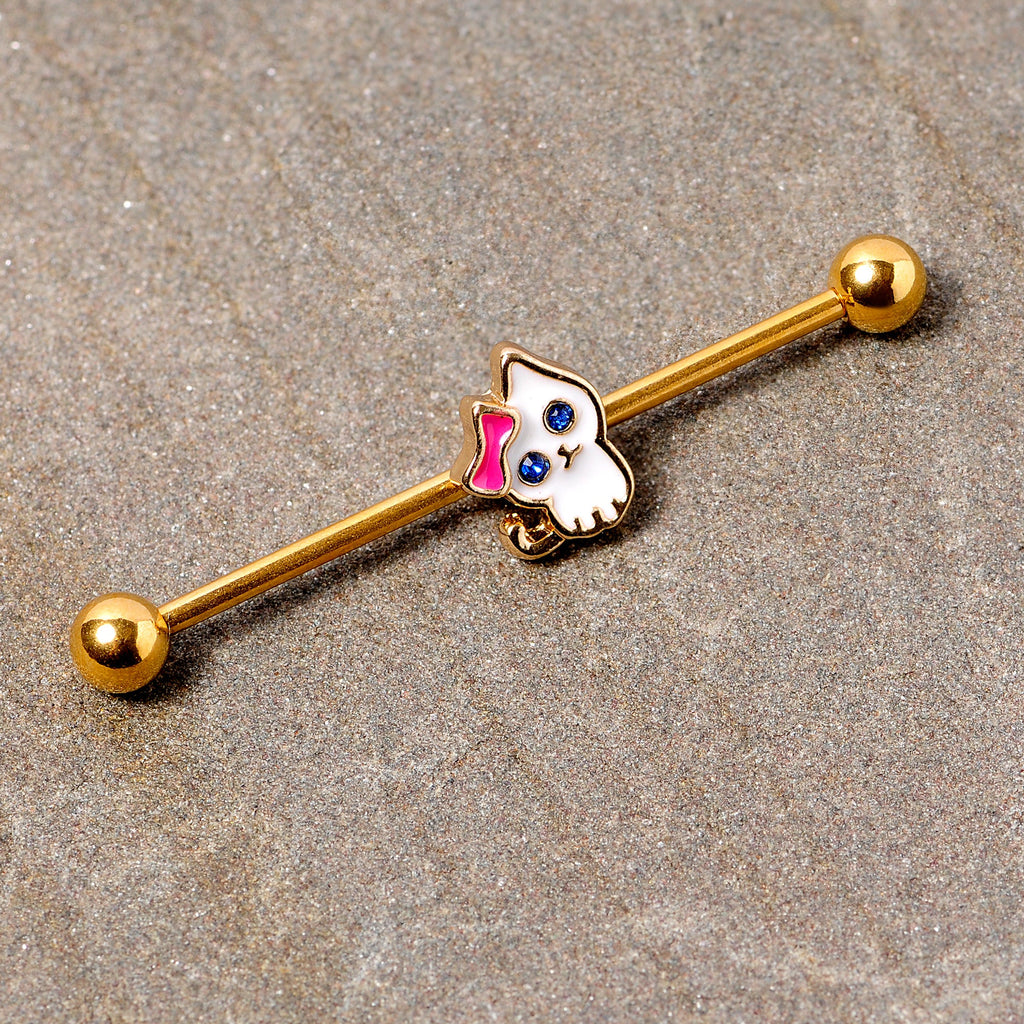 BodyCandy 14G Blue Gem Gold Tone Sweet Kitty Cat Industrial Barbell 38mm — detail close-up