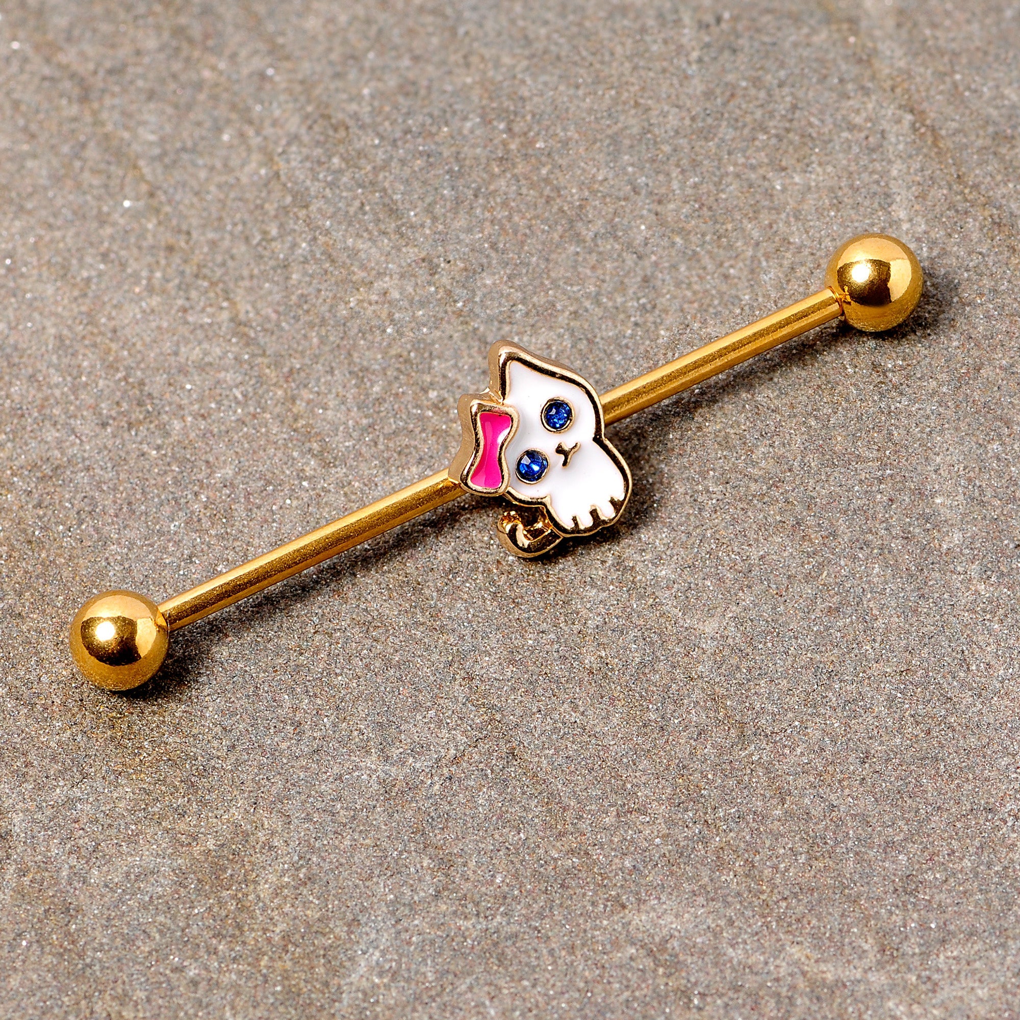 BodyCandy 14G Blue Gem Gold Tone Sweet Kitty Cat Industrial Barbell 38mm — detail close-up