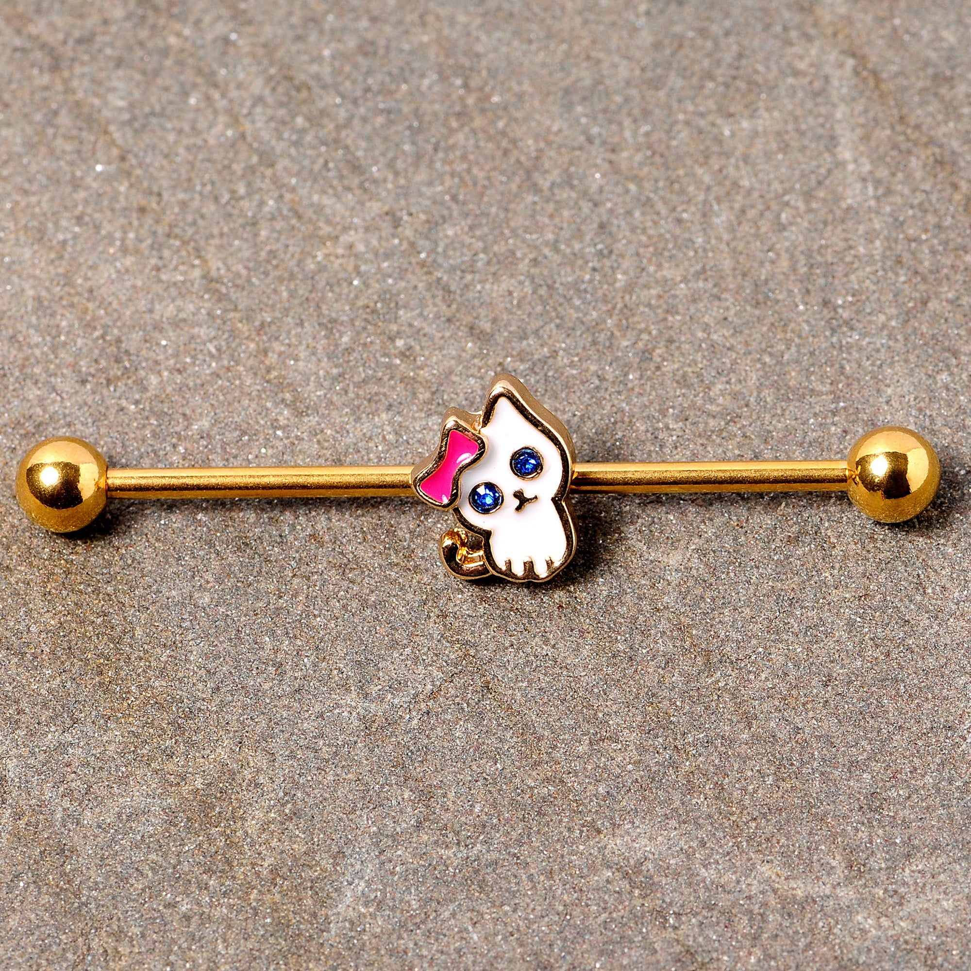 BodyCandy 14G Blue Gem Gold Tone Sweet Kitty Cat Industrial Barbell 38mm — lifestyle context