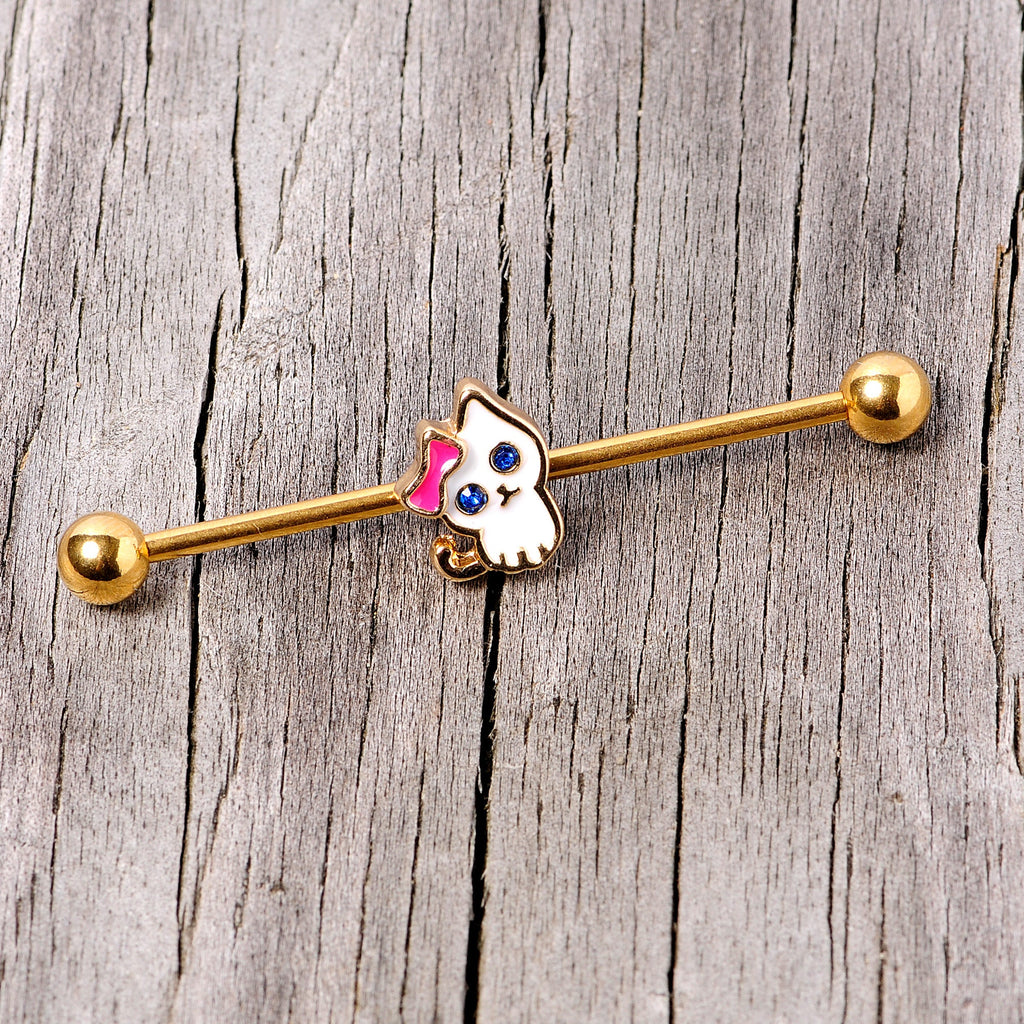 BodyCandy 14G Blue Gem Gold Tone Sweet Kitty Cat Industrial Barbell 38mm — side view