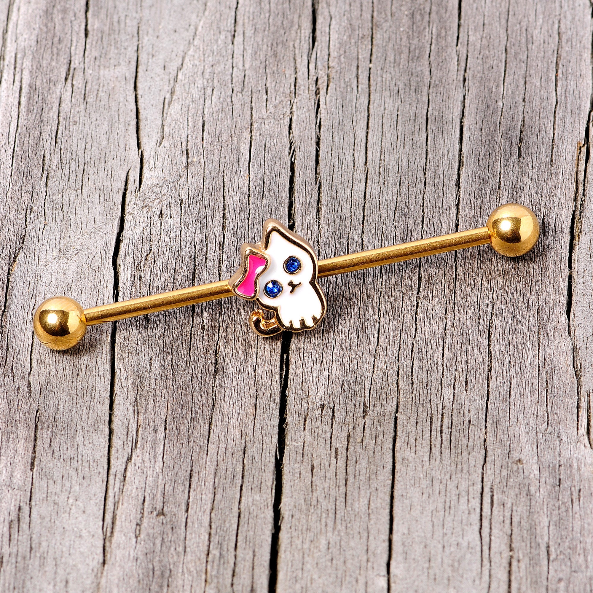BodyCandy 14G Blue Gem Gold Tone Sweet Kitty Cat Industrial Barbell 38mm — side view