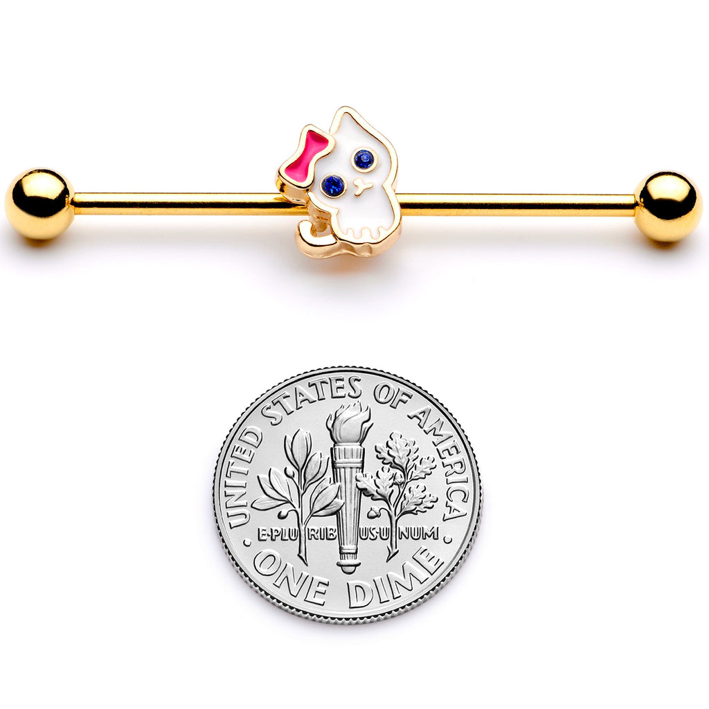 BodyCandy 14G Blue Gem Gold Tone Sweet Kitty Cat Industrial Barbell 38mm — back view