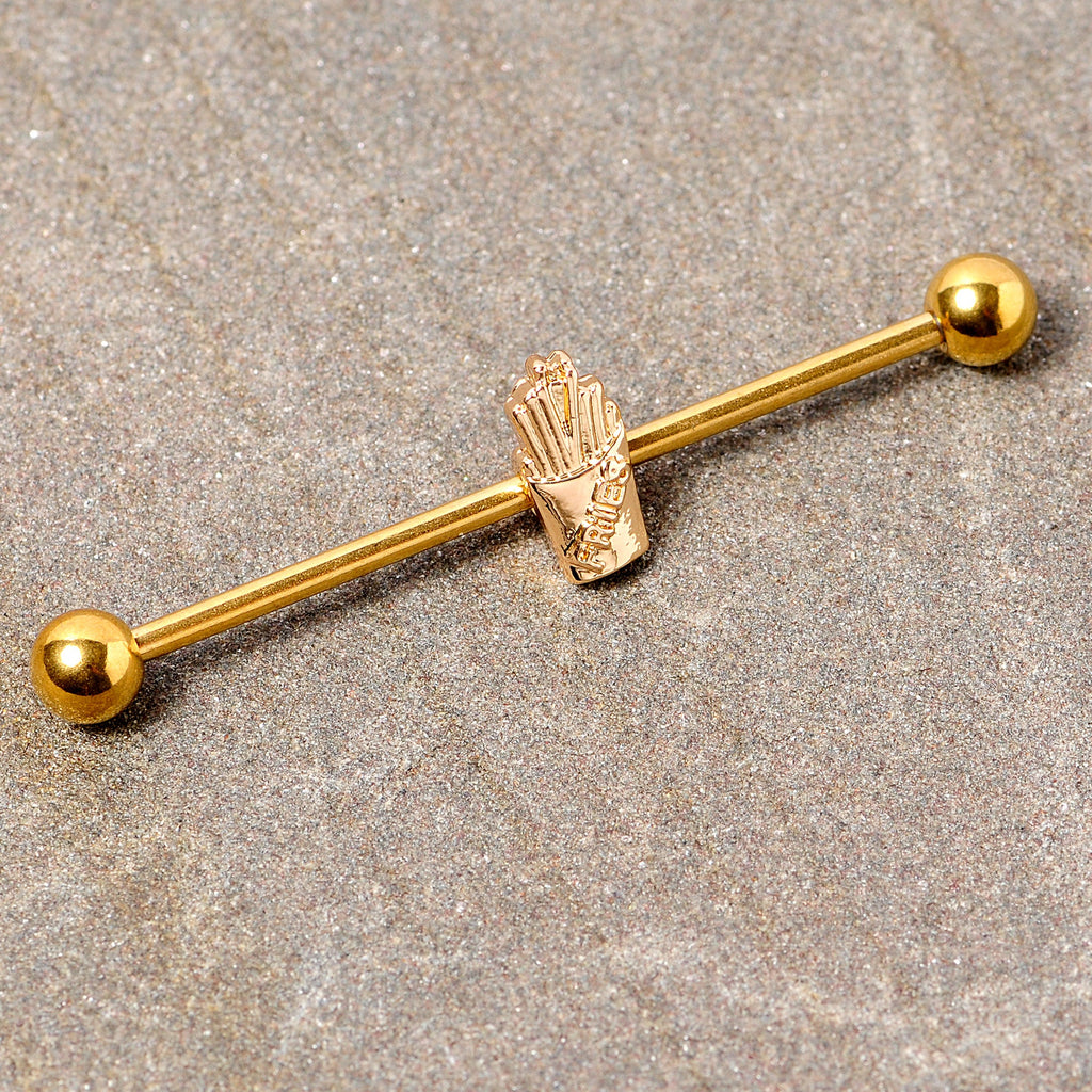 BodyCandy 14G Gold Tone Fast Food French Fries Industrial Barbell 38mm — detail close-up