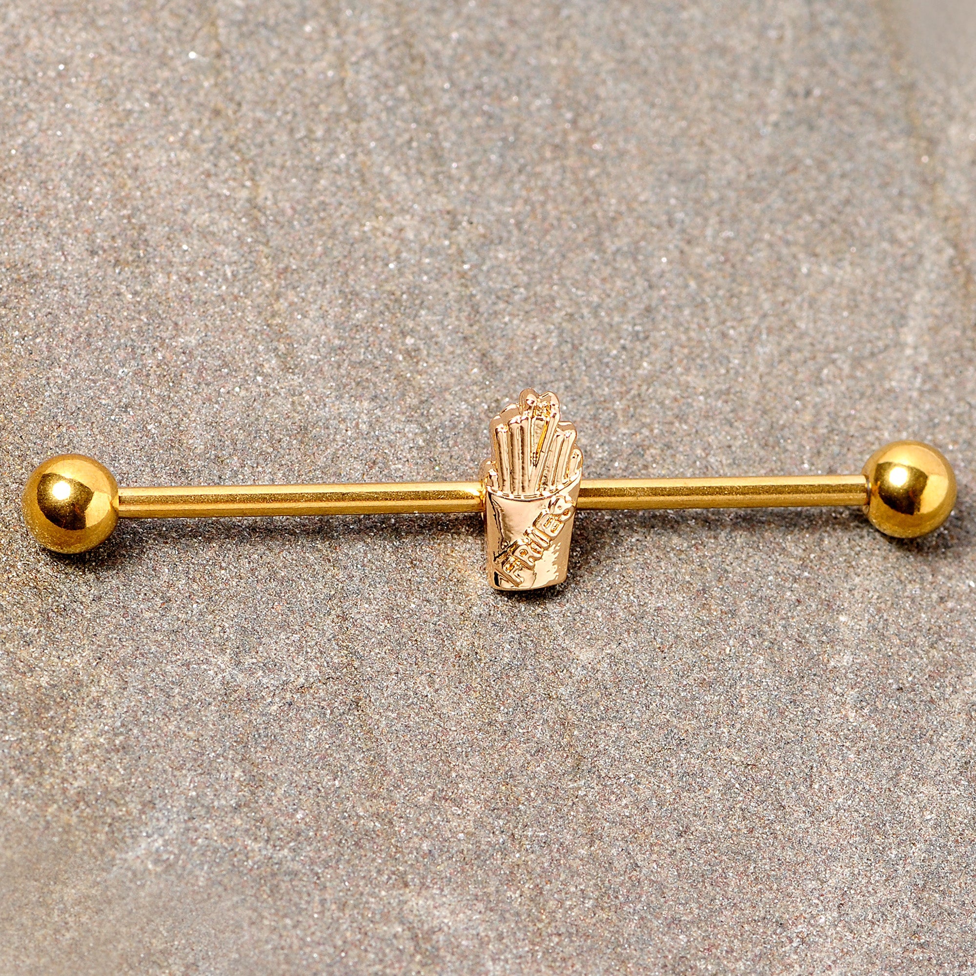 BodyCandy 14G Gold Tone Fast Food French Fries Industrial Barbell 38mm — lifestyle context