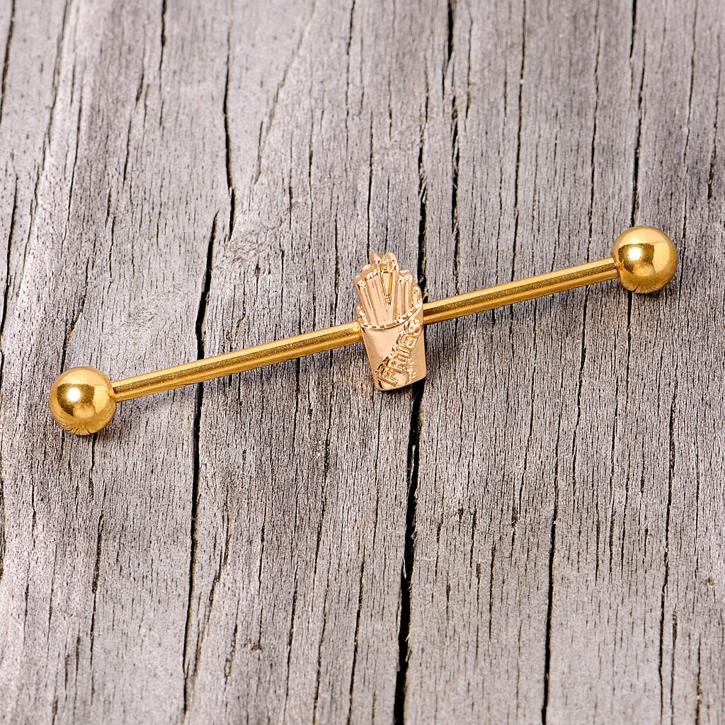 BodyCandy 14G Gold Tone Fast Food French Fries Industrial Barbell 38mm — side view