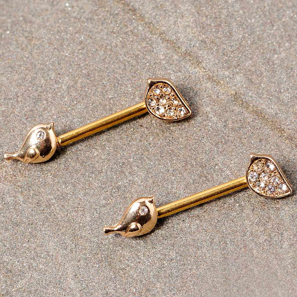 BodyCandy 14G 9/16 Clear Gem Gold Tone Little Birds Barbell Nipple Ring Set — detail close-up