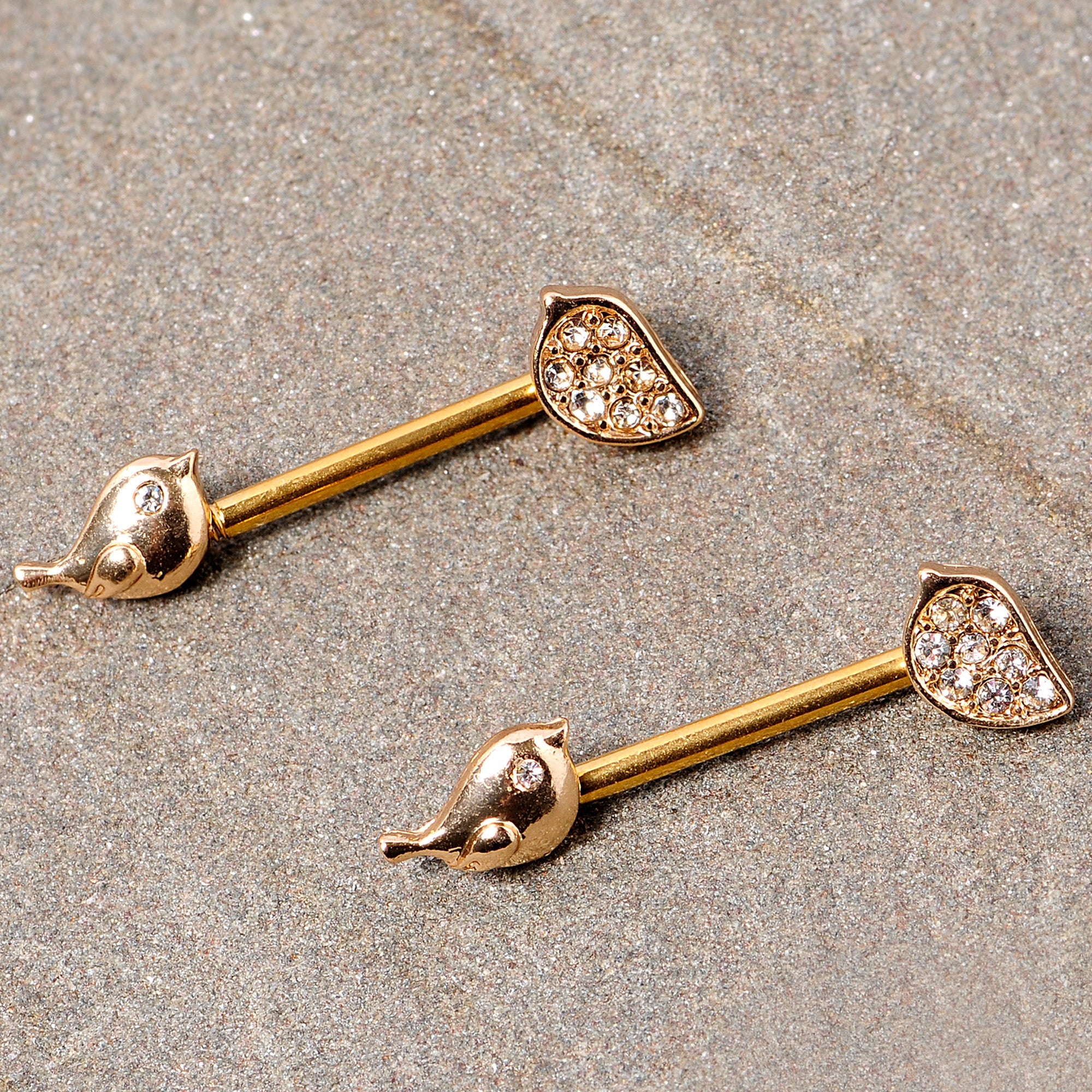 BodyCandy 14G 9/16 Clear Gem Gold Tone Little Birds Barbell Nipple Ring Set — detail close-up