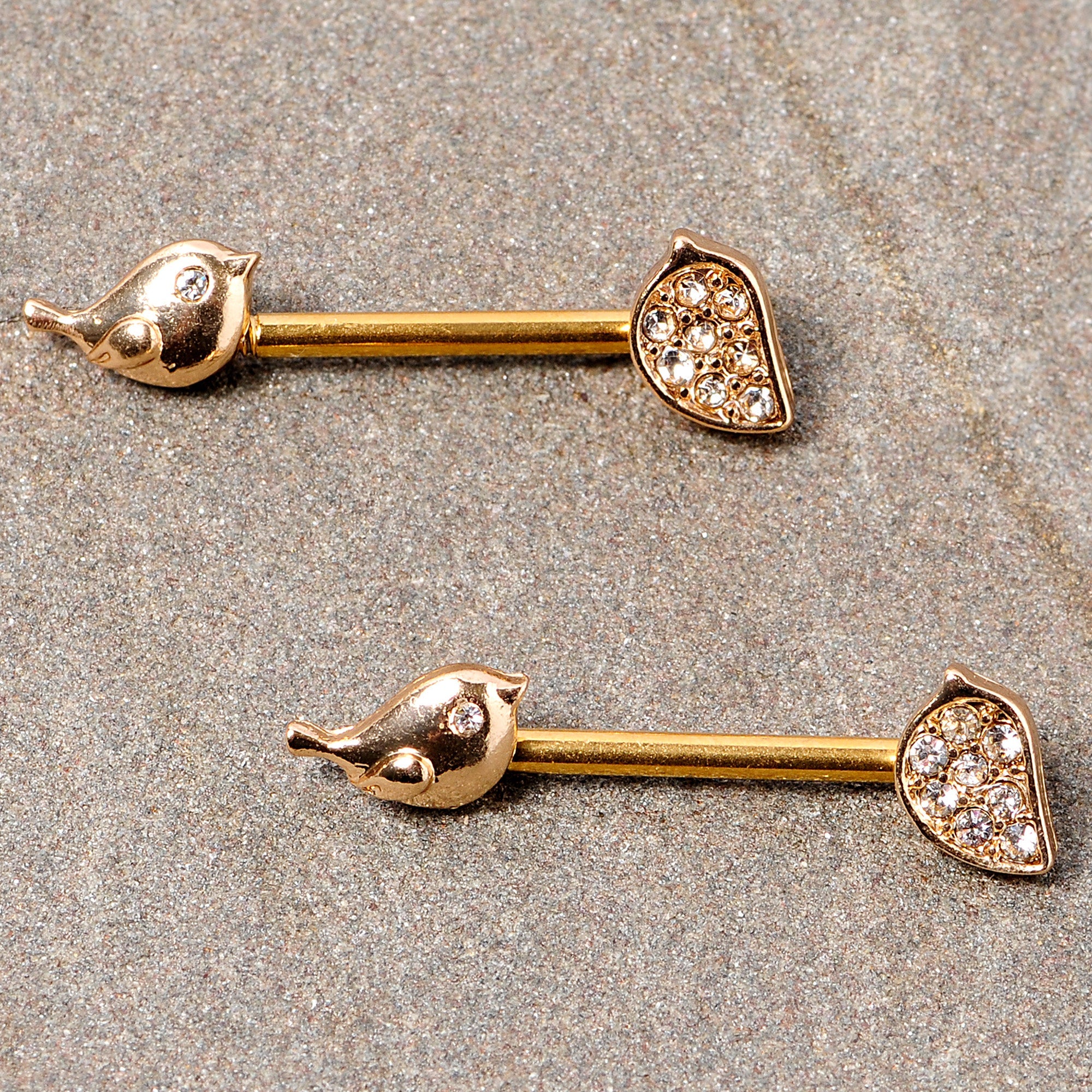 BodyCandy 14G 9/16 Clear Gem Gold Tone Little Birds Barbell Nipple Ring Set — lifestyle context