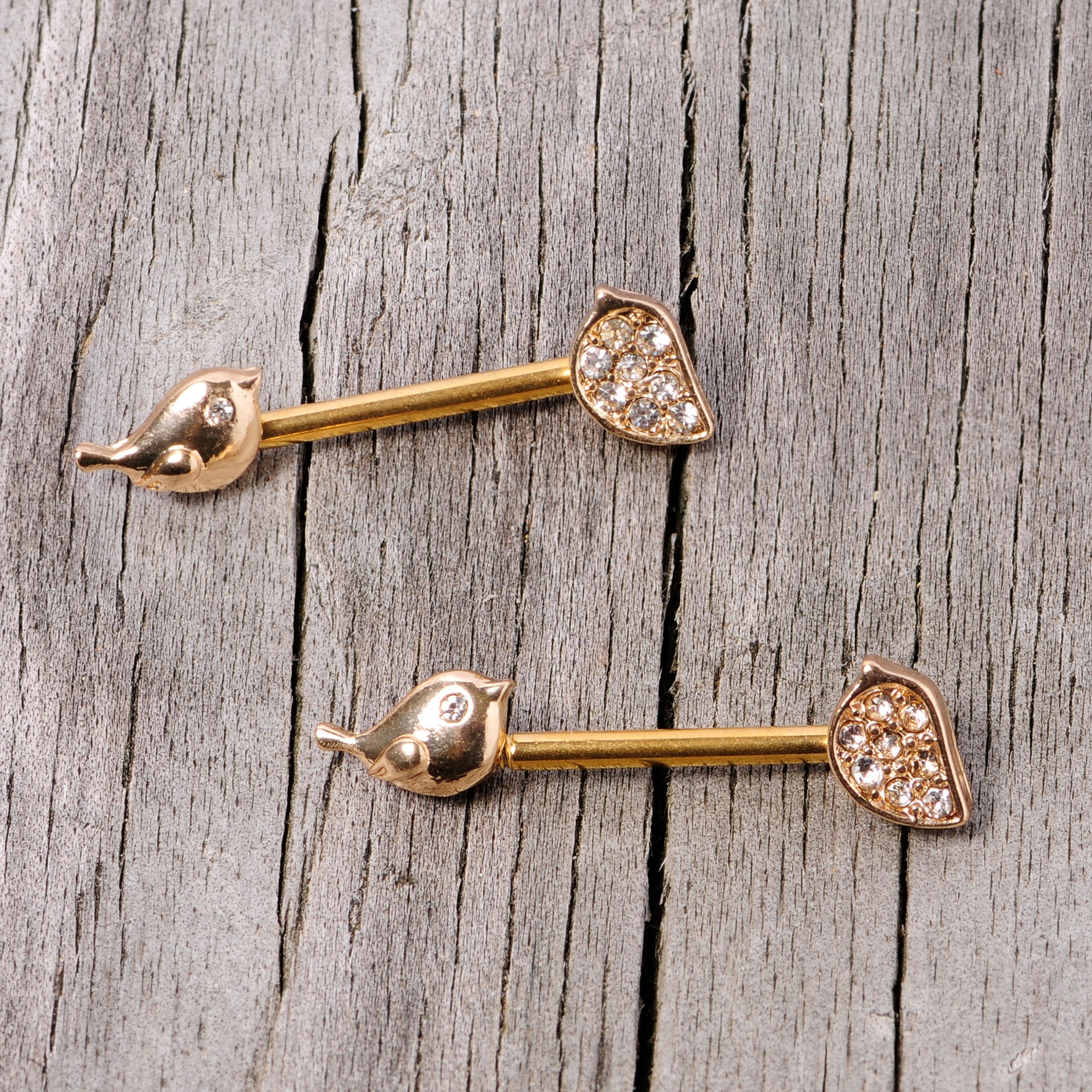 BodyCandy 14G 9/16 Clear Gem Gold Tone Little Birds Barbell Nipple Ring Set — side view