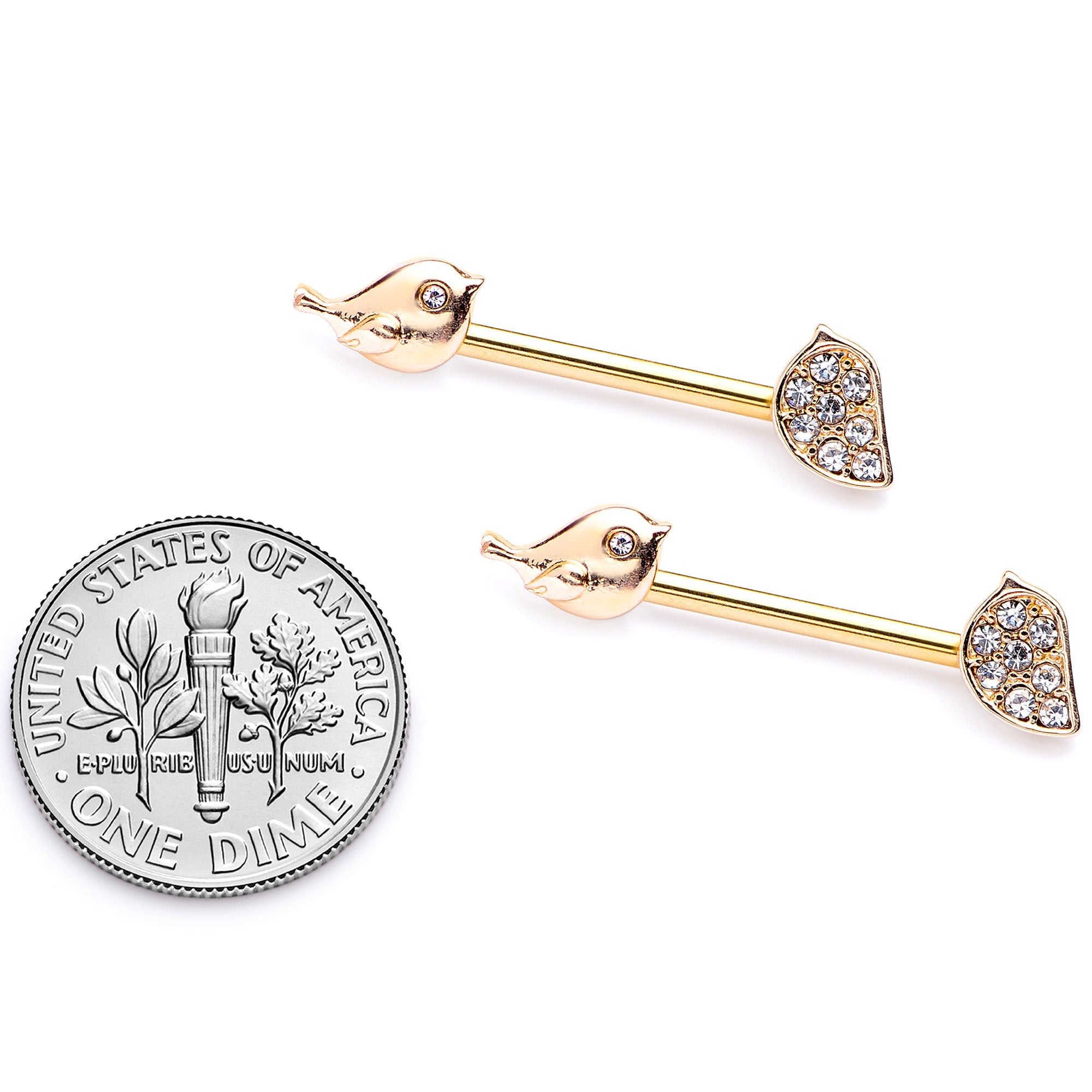 BodyCandy 14G 9/16 Clear Gem Gold Tone Little Birds Barbell Nipple Ring Set — back view