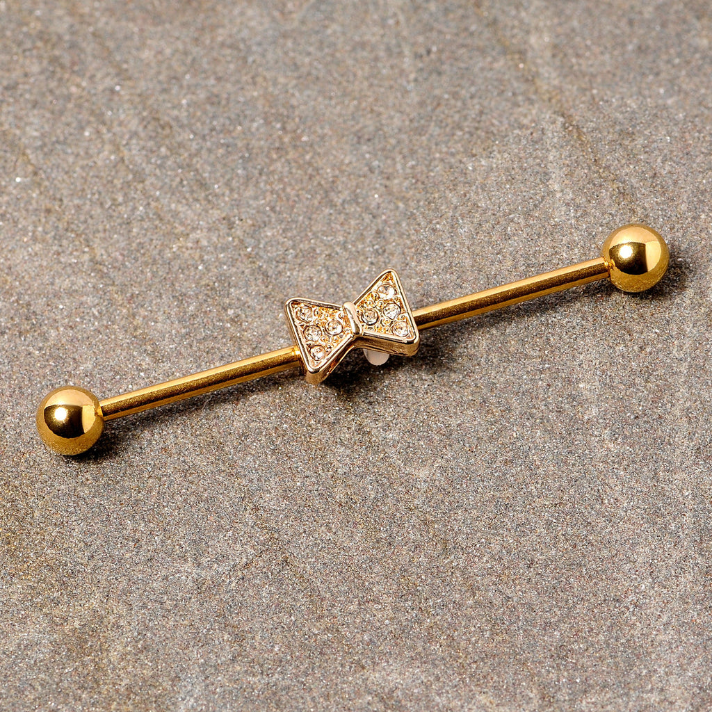 BodyCandy 14G Clear Gem Gold Tone Bow Tie Industrial Barbell 38mm — detail close-up