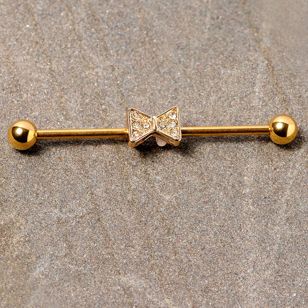 BodyCandy 14G Clear Gem Gold Tone Bow Tie Industrial Barbell 38mm — lifestyle context