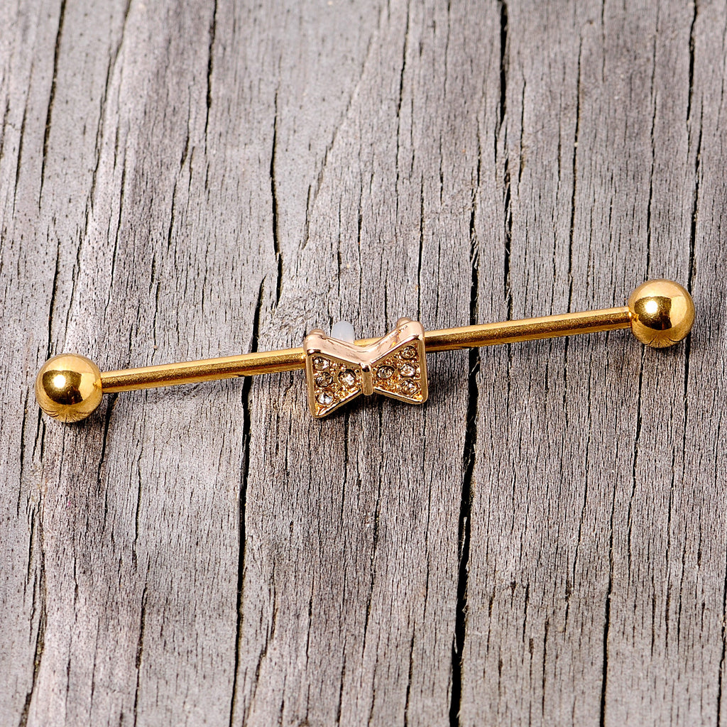 BodyCandy 14G Clear Gem Gold Tone Bow Tie Industrial Barbell 38mm — side view
