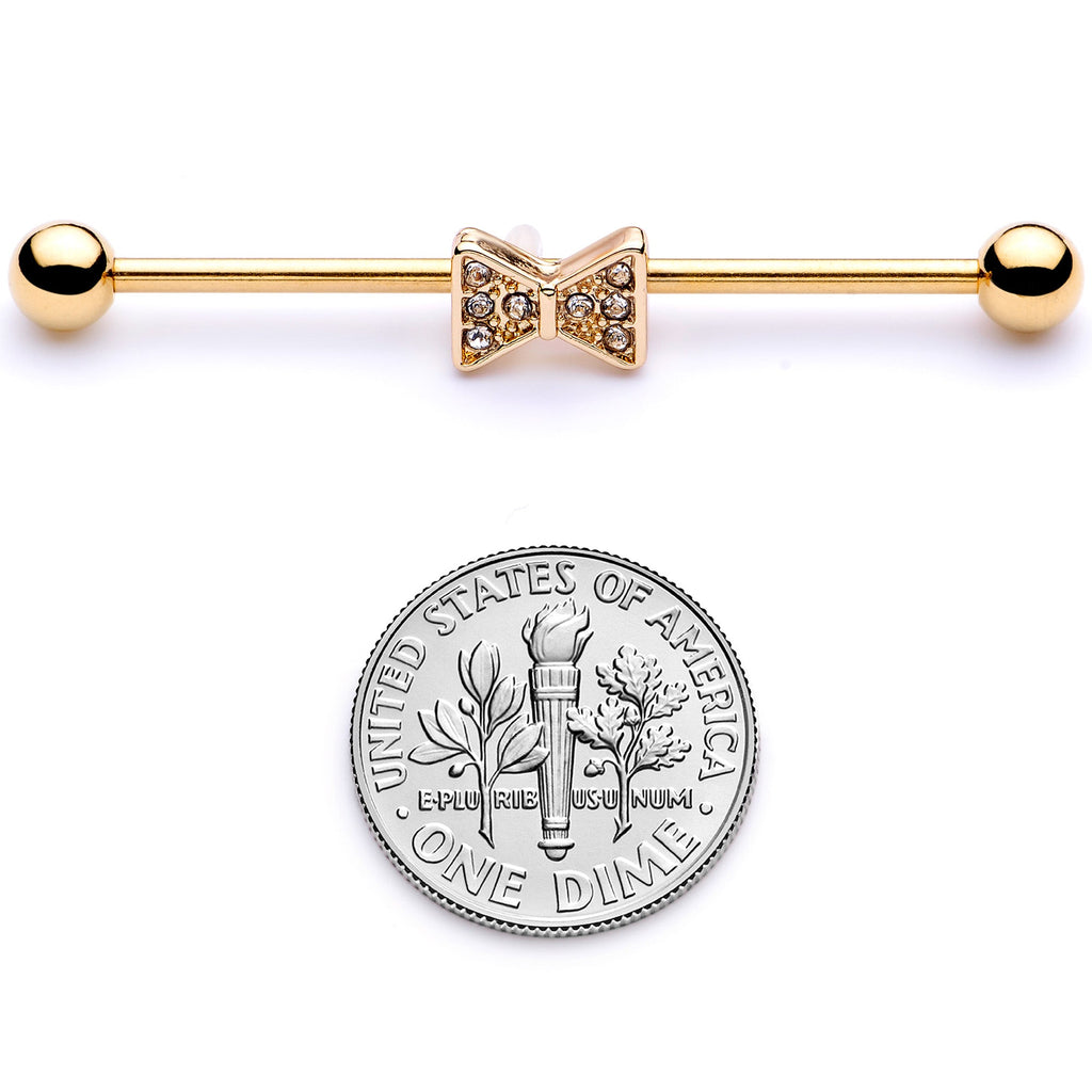 BodyCandy 14G Clear Gem Gold Tone Bow Tie Industrial Barbell 38mm — back view