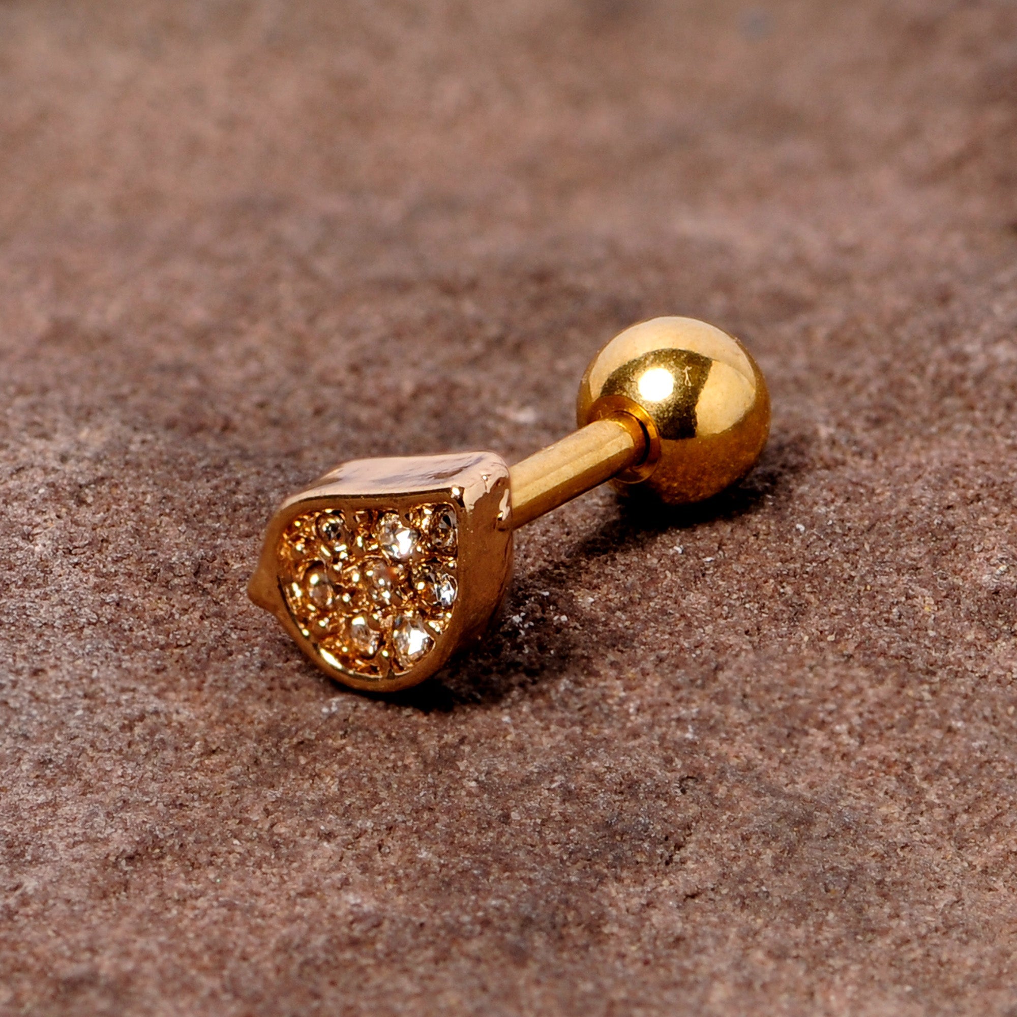 BodyCandy 16G 1/4 Clear CZ Gem Gold Tone Swirl Cartilage Tragus Earring — detail close-up