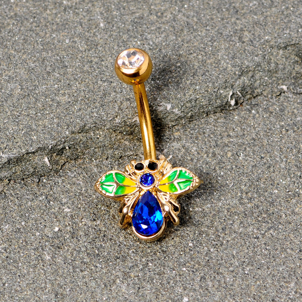 BodyCandy Blue Clear Gem Gold Tone Colorful Bee Belly Ring — detail close-up