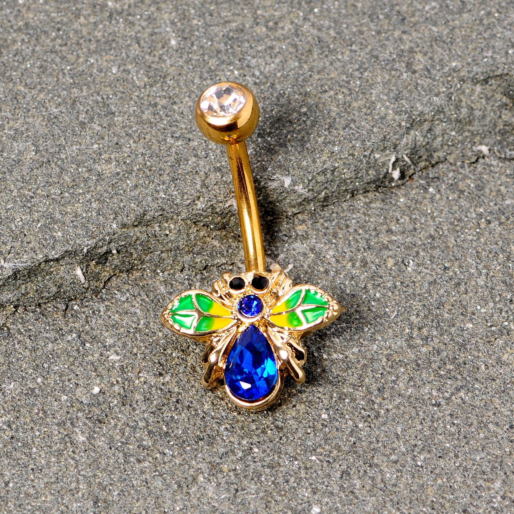 BodyCandy Blue Clear Gem Gold Tone Colorful Bee Belly Ring — detail close-up