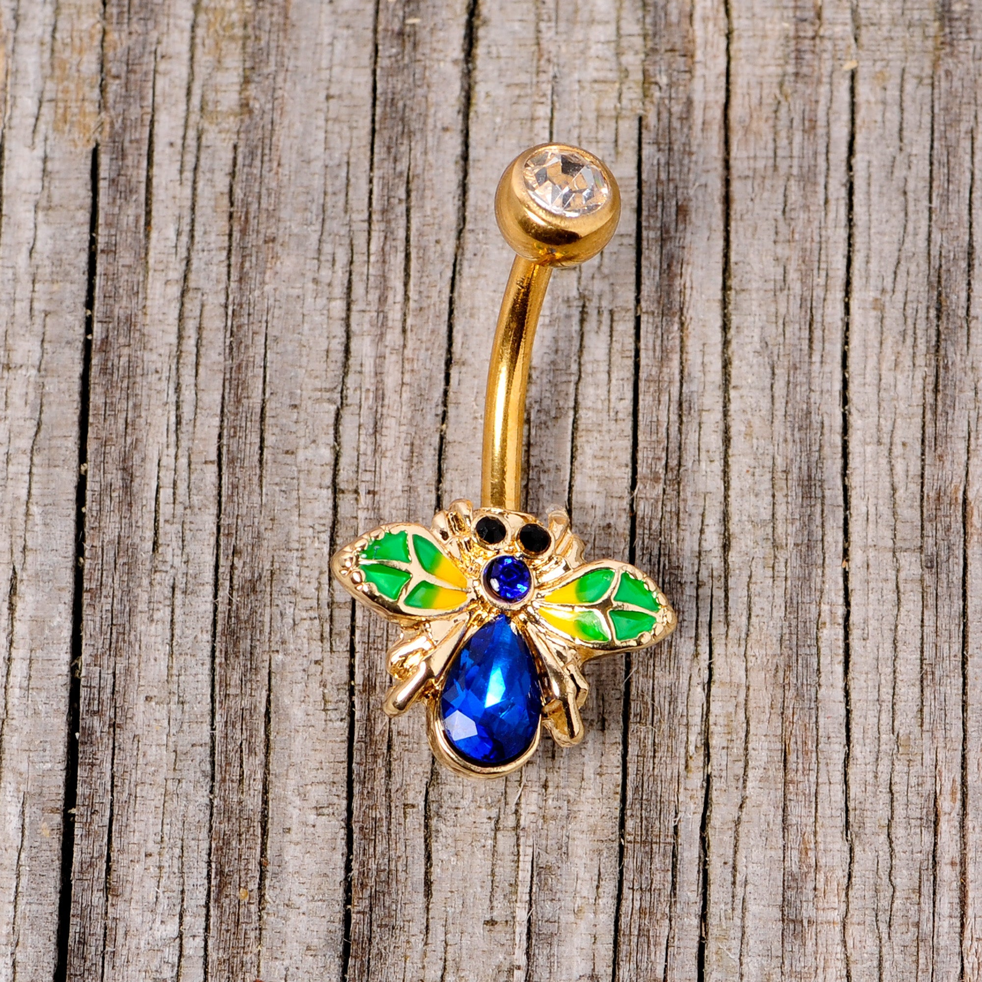 BodyCandy Blue Clear Gem Gold Tone Colorful Bee Belly Ring — lifestyle context