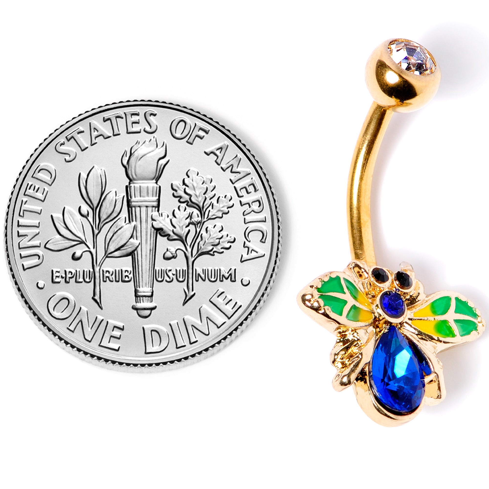 BodyCandy Blue Clear Gem Gold Tone Colorful Bee Belly Ring — side view