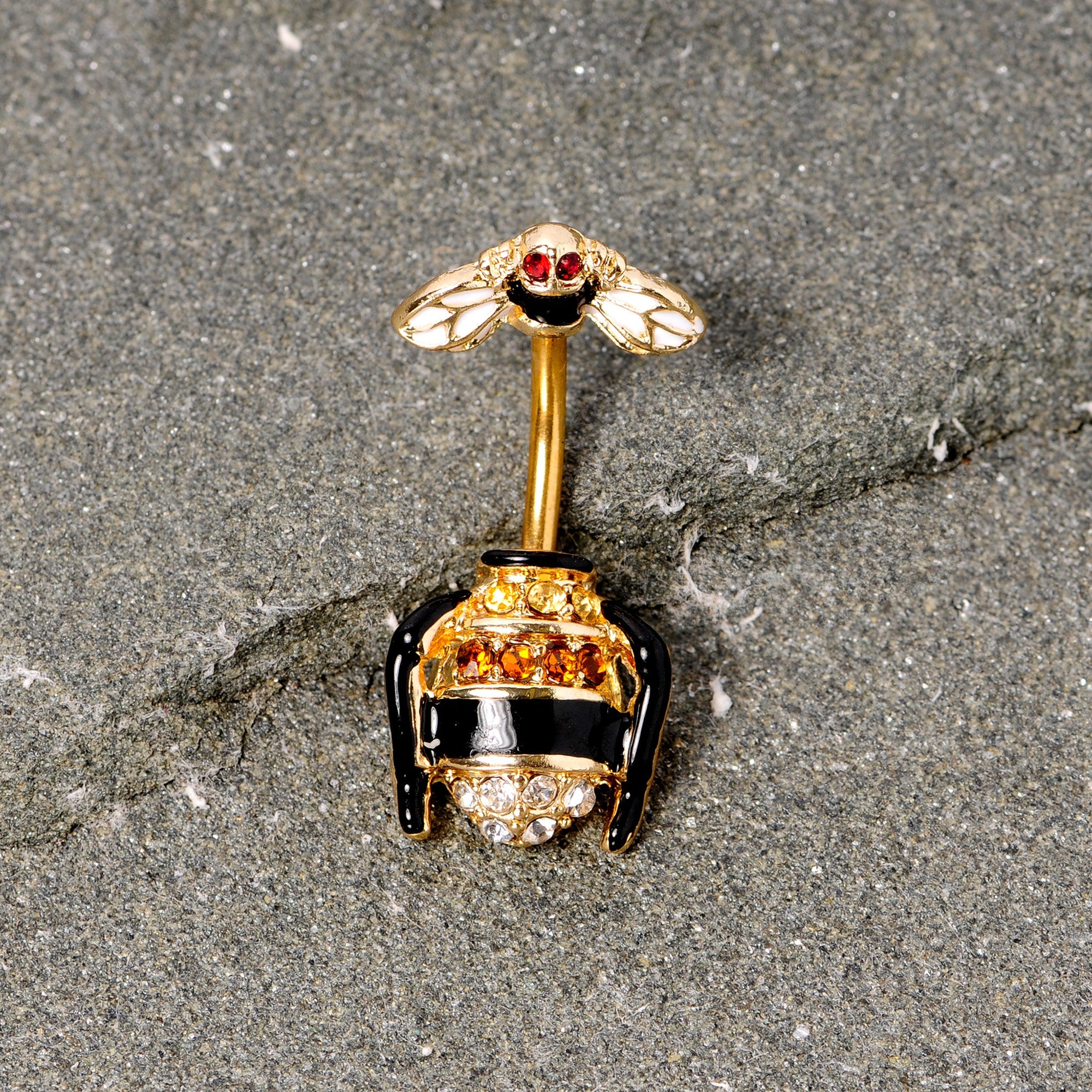 BodyCandy Clear Black Yellow Gem Gold Tone Bee Double Mount Belly Ring — detail close-up