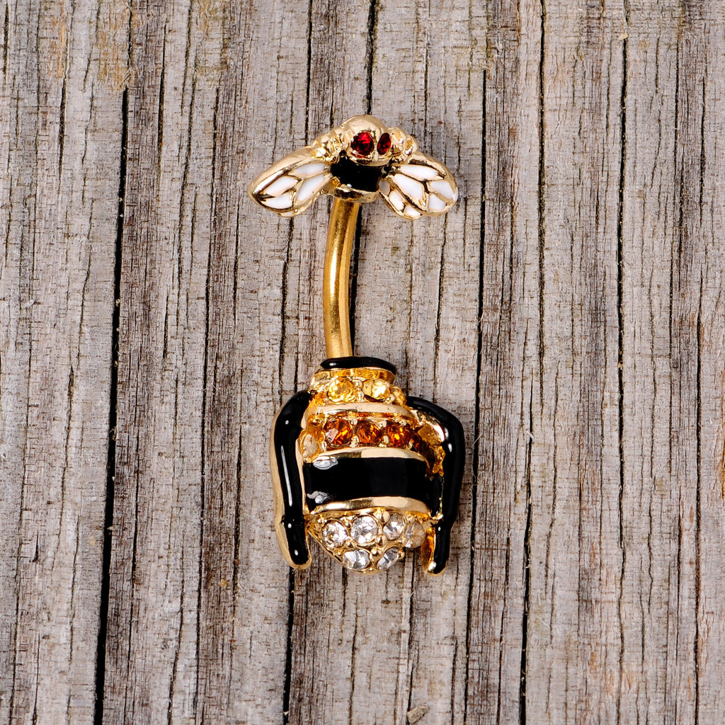 BodyCandy Clear Black Yellow Gem Gold Tone Bee Double Mount Belly Ring — side view