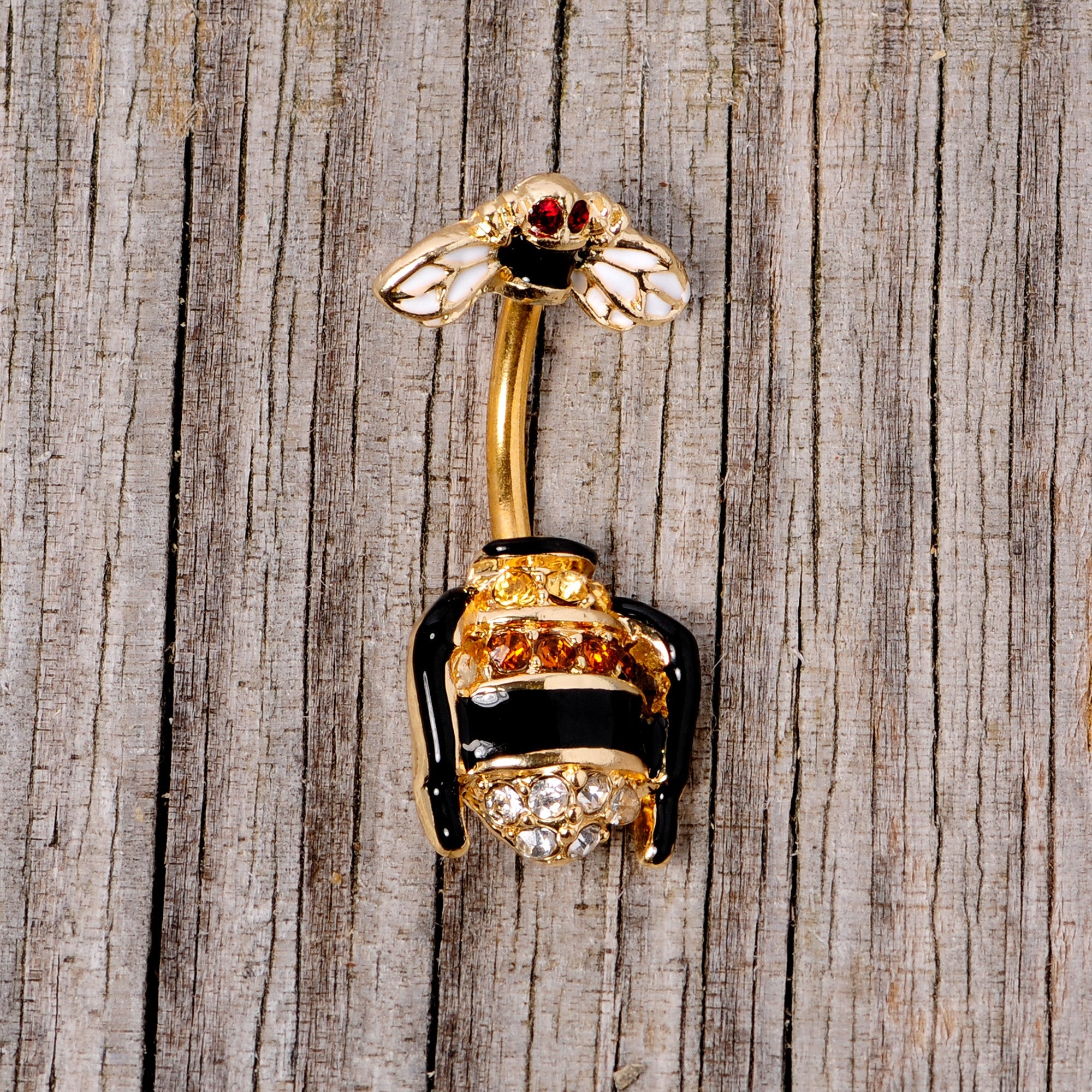 BodyCandy Clear Black Yellow Gem Gold Tone Bee Double Mount Belly Ring — side view