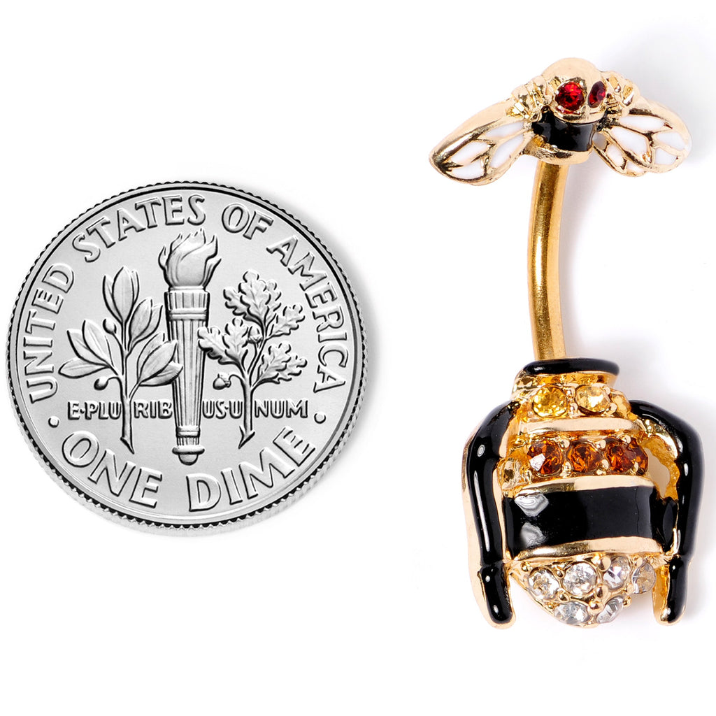 BodyCandy Clear Black Yellow Gem Gold Tone Bee Double Mount Belly Ring — back view