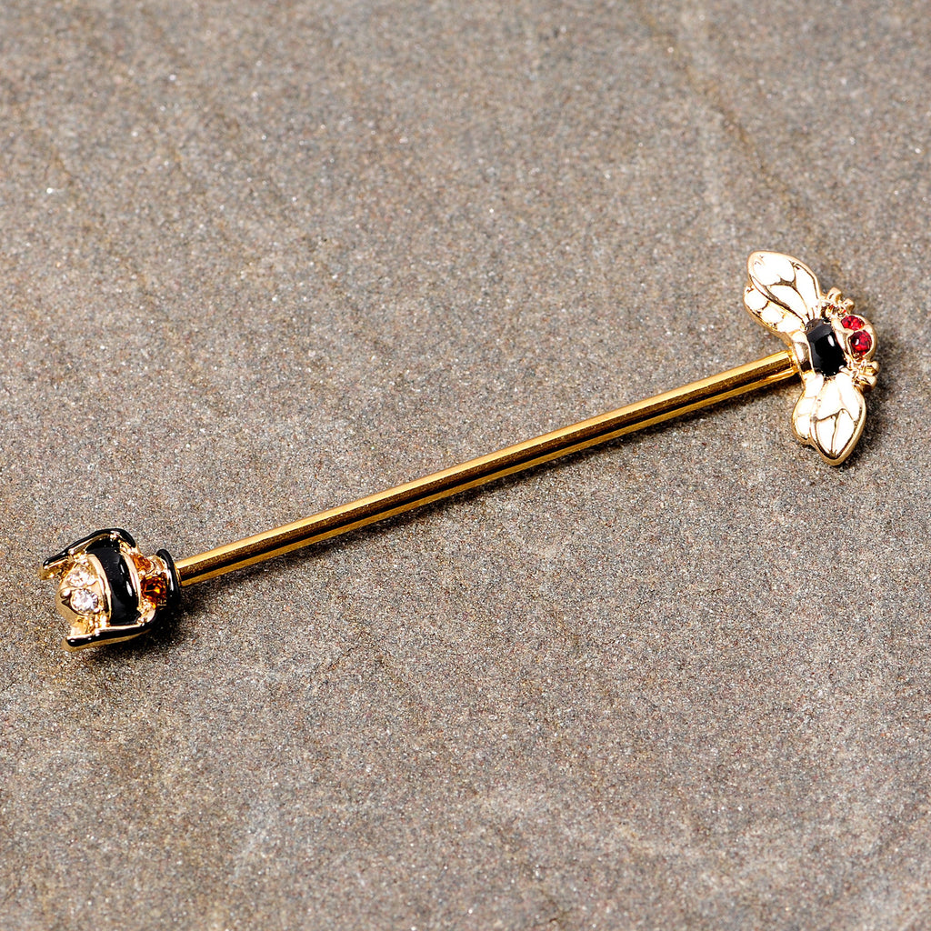 BodyCandy 14G Clear Black Yellow Gem Gold Tone Bee Industrial Barbell 38mm — detail close-up