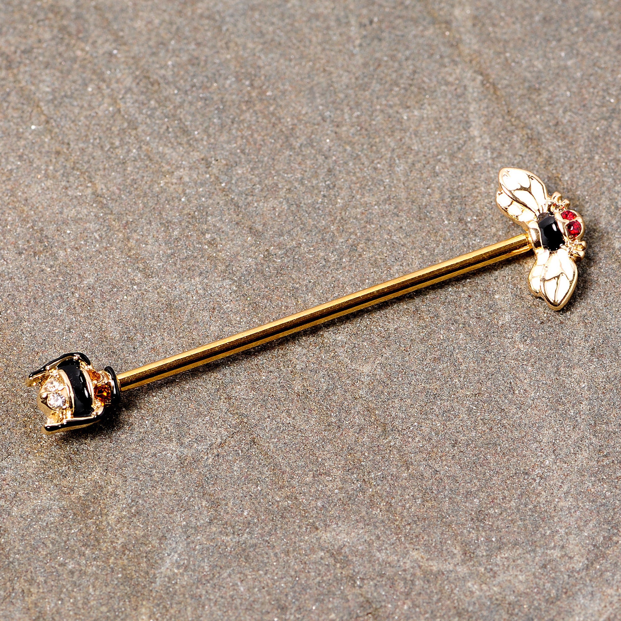 BodyCandy 14G Clear Black Yellow Gem Gold Tone Bee Industrial Barbell 38mm — detail close-up