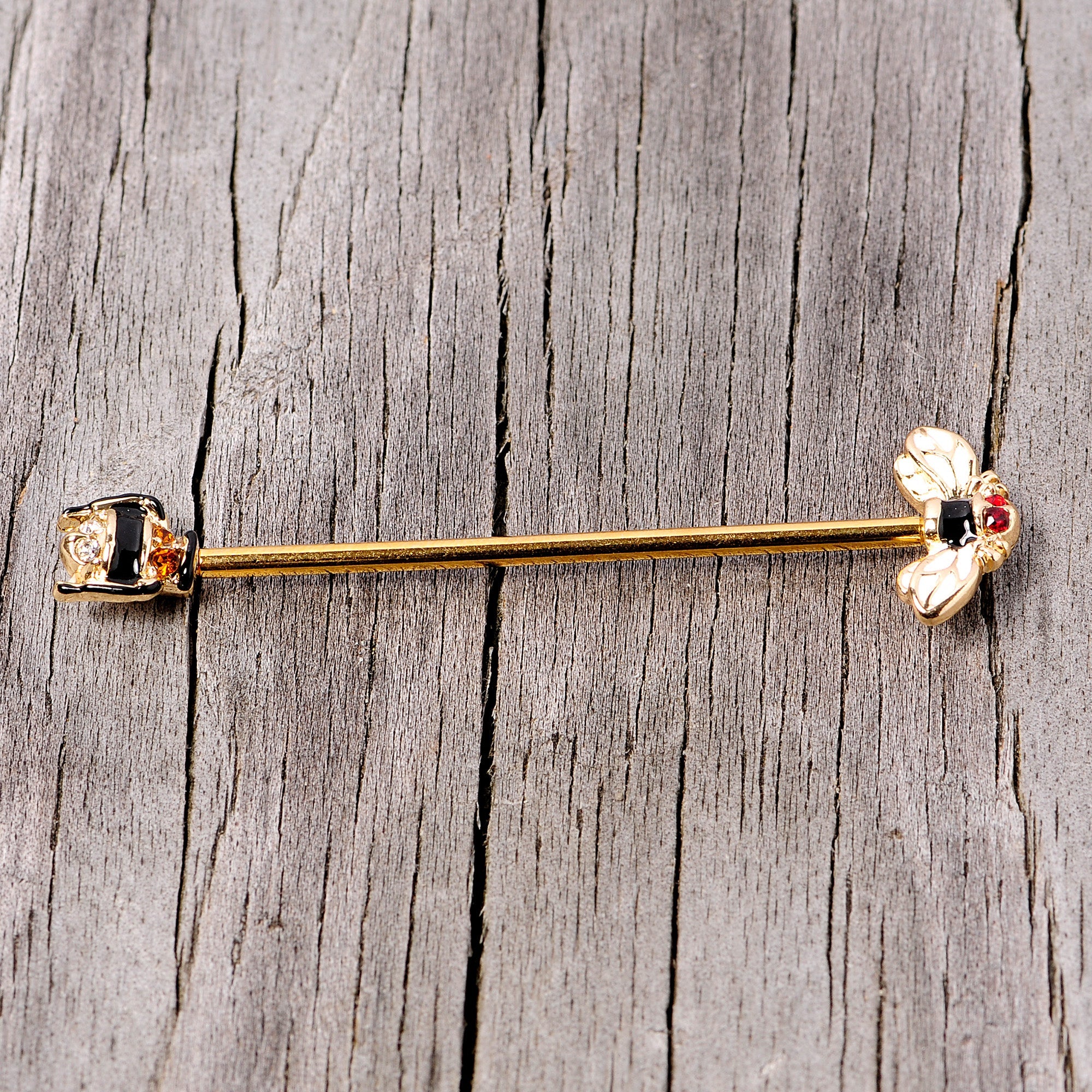 BodyCandy 14G Clear Black Yellow Gem Gold Tone Bee Industrial Barbell 38mm — lifestyle context
