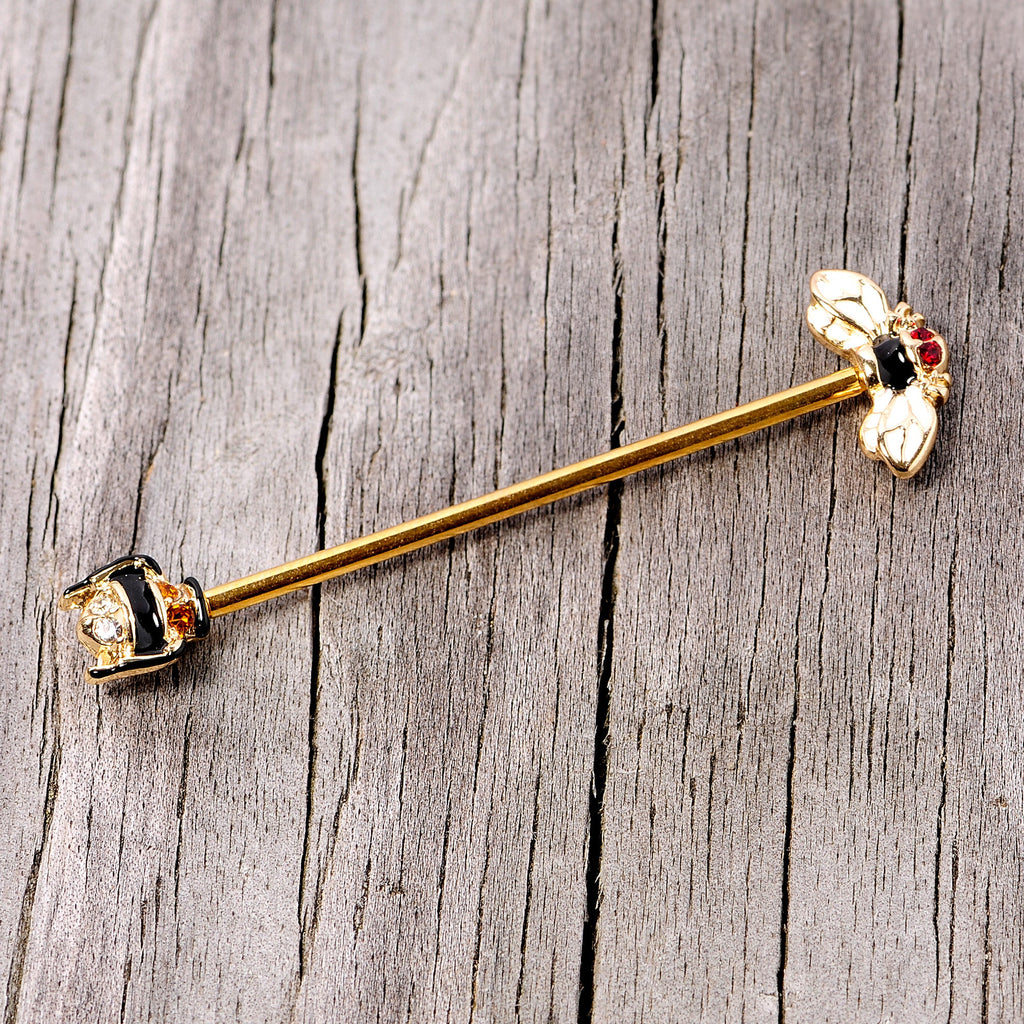 BodyCandy 14G Clear Black Yellow Gem Gold Tone Bee Industrial Barbell 38mm — side view