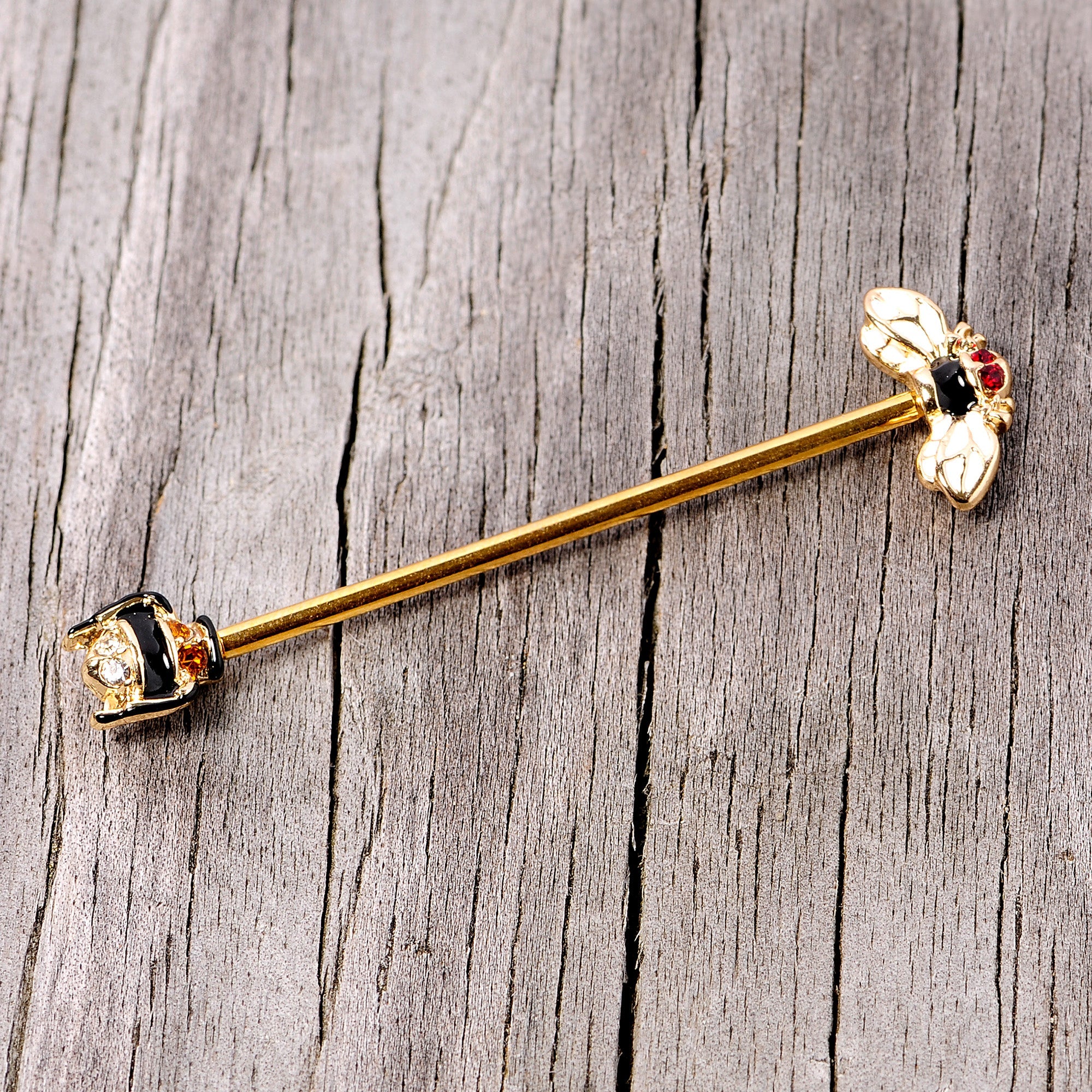 BodyCandy 14G Clear Black Yellow Gem Gold Tone Bee Industrial Barbell 38mm — side view