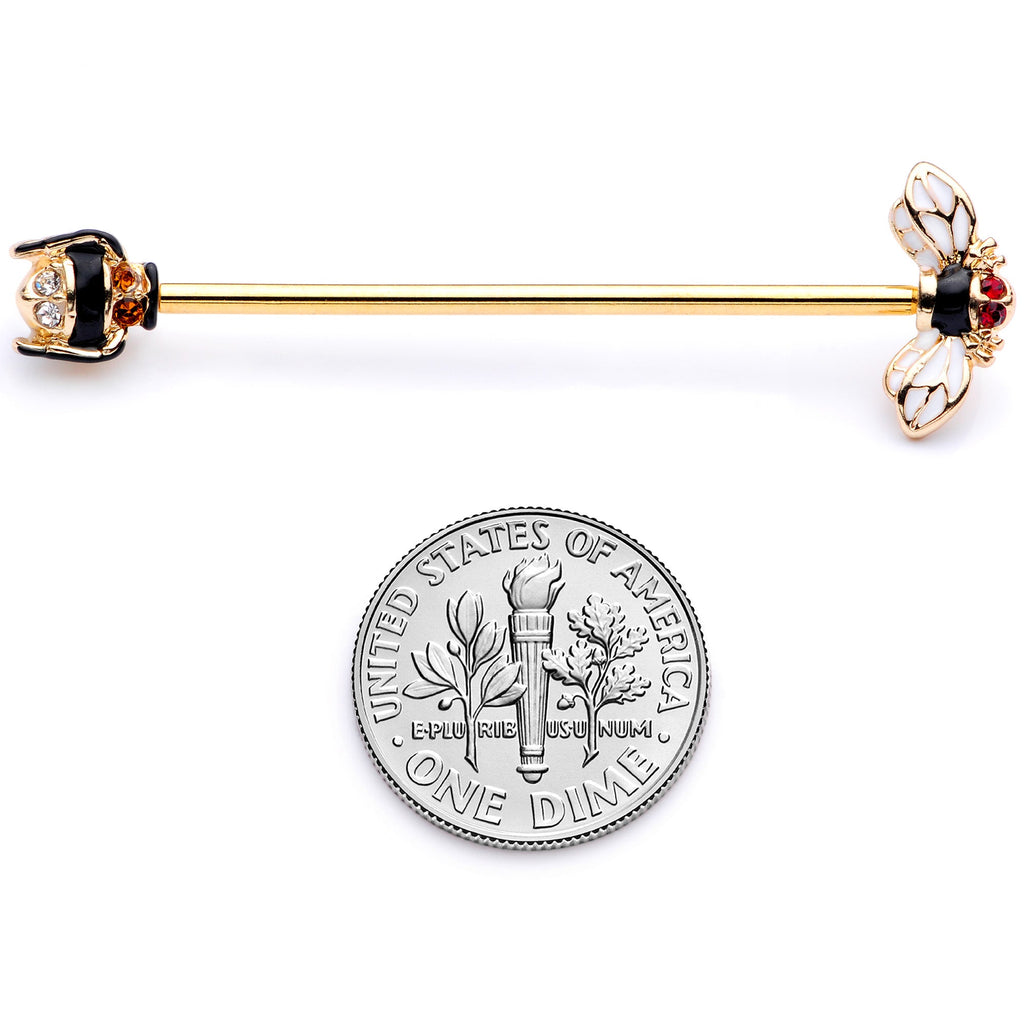 BodyCandy 14G Clear Black Yellow Gem Gold Tone Bee Industrial Barbell 38mm — back view