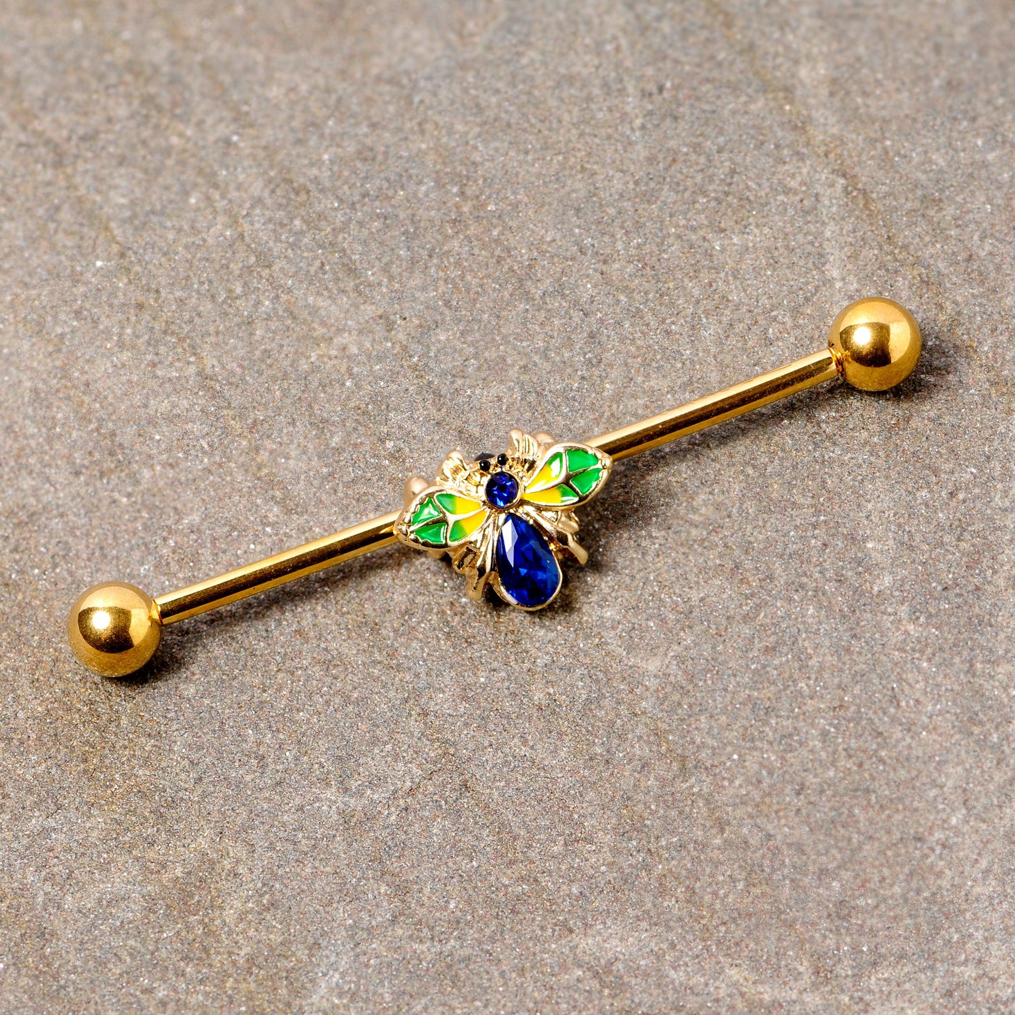 BodyCandy 14G Blue Gem Gold Tone Colorful Bee Industrial Barbell 38mm — detail close-up