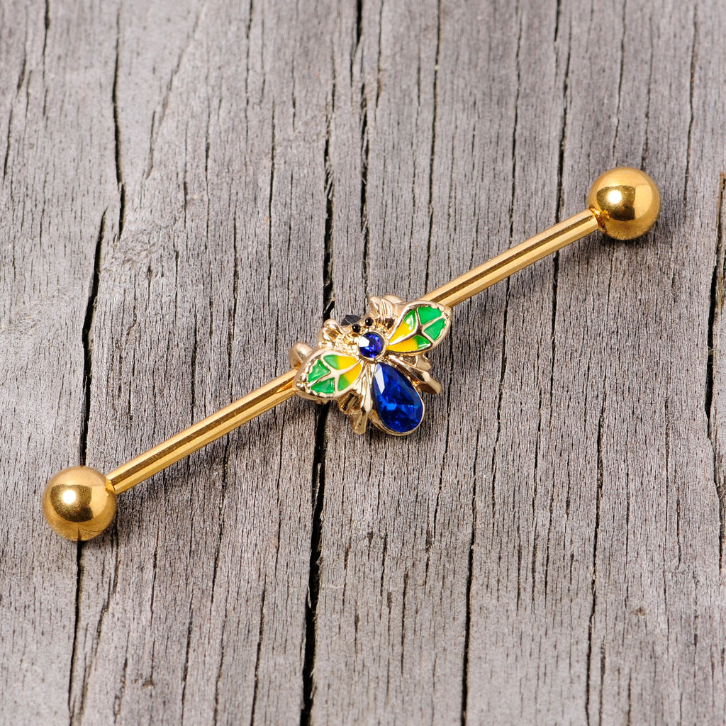 BodyCandy 14G Blue Gem Gold Tone Colorful Bee Industrial Barbell 38mm — side view