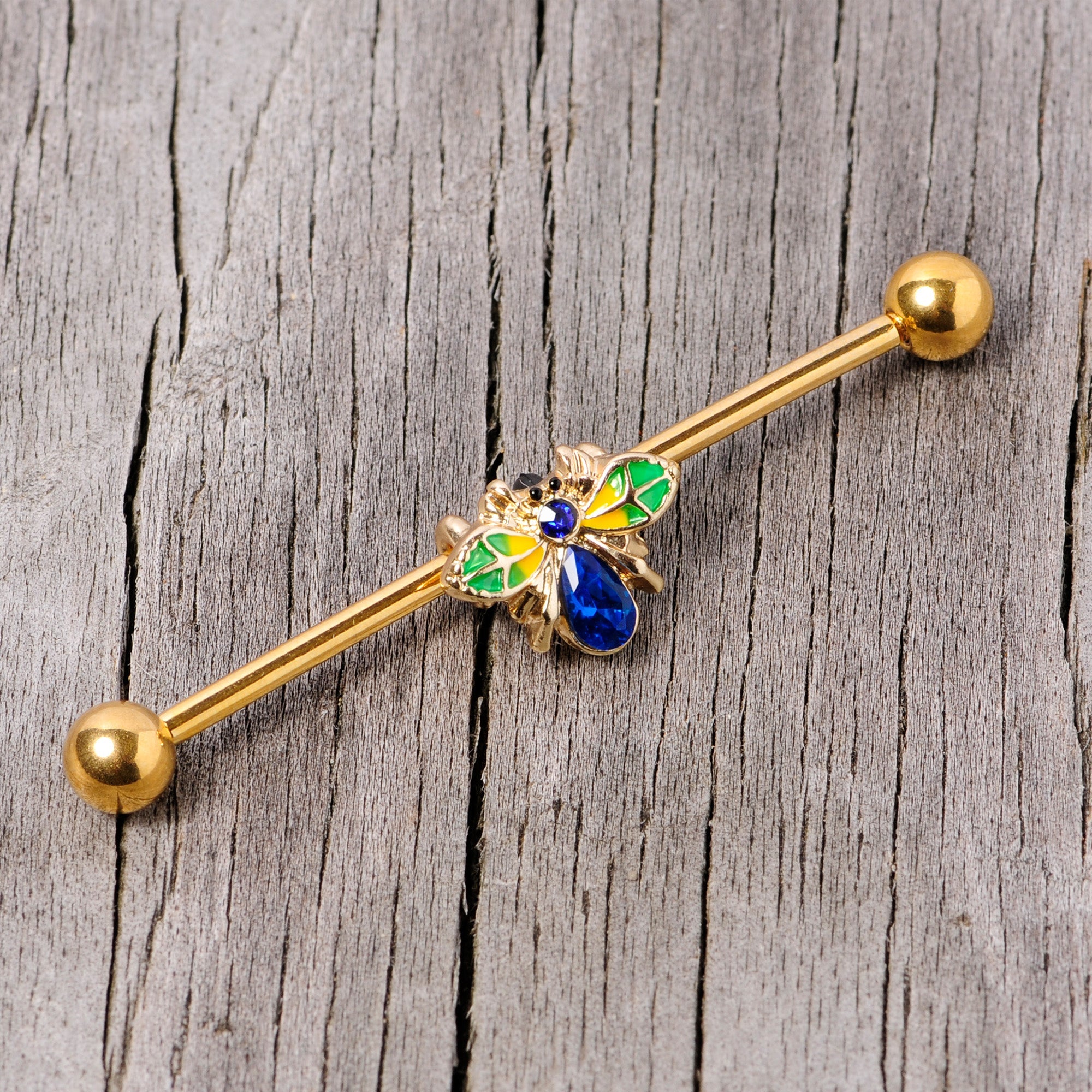 BodyCandy 14G Blue Gem Gold Tone Colorful Bee Industrial Barbell 38mm — side view