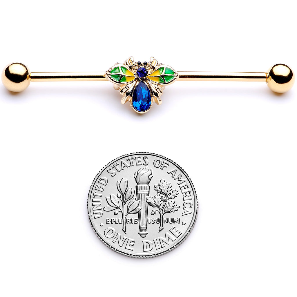 BodyCandy 14G Blue Gem Gold Tone Colorful Bee Industrial Barbell 38mm — back view