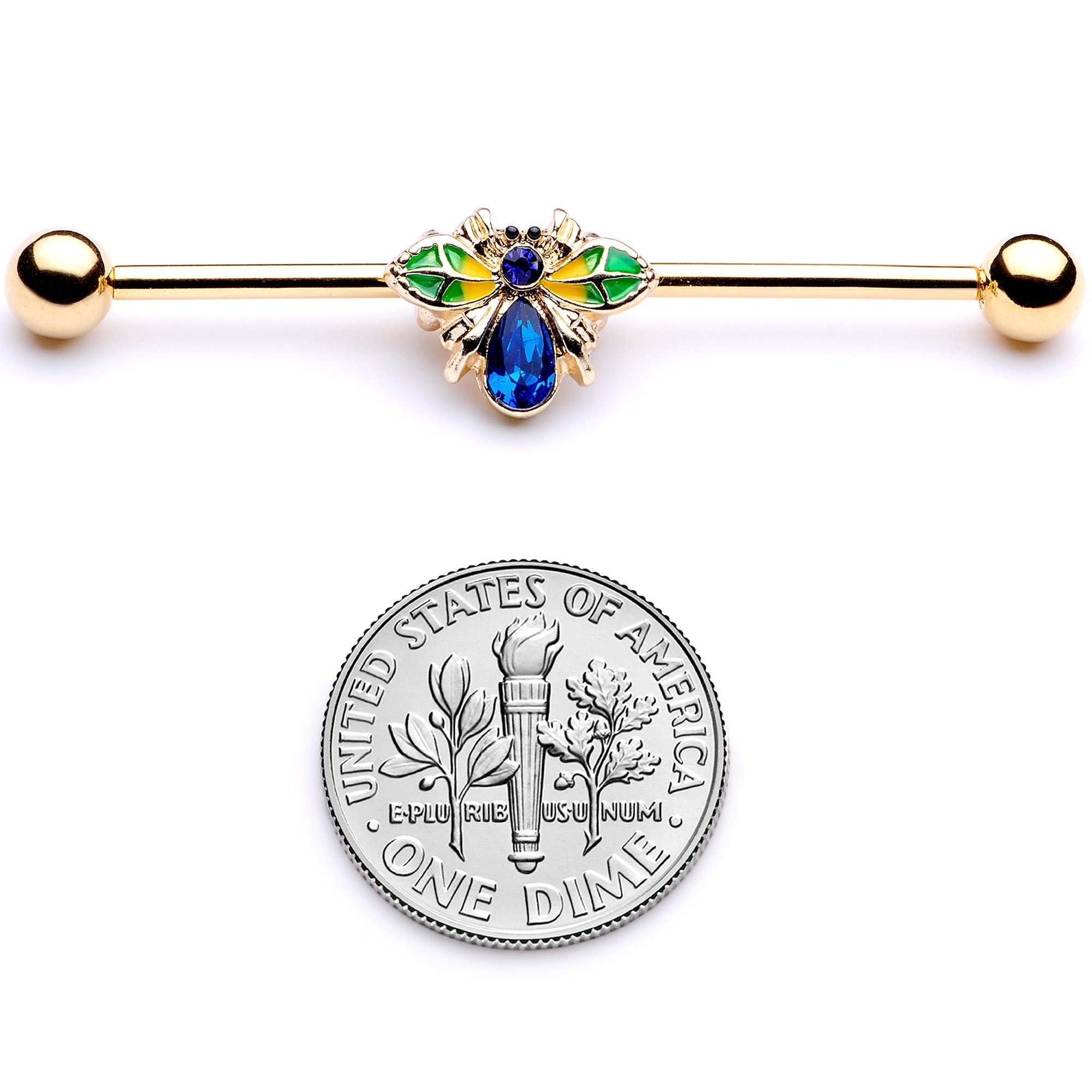BodyCandy 14G Blue Gem Gold Tone Colorful Bee Industrial Barbell 38mm — back view
