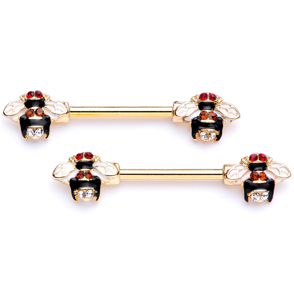 BodyCandy 14G 9/16 Clear Yellow Gem Gold Tone Bee Barbell Nipple Ring Set — main product shot