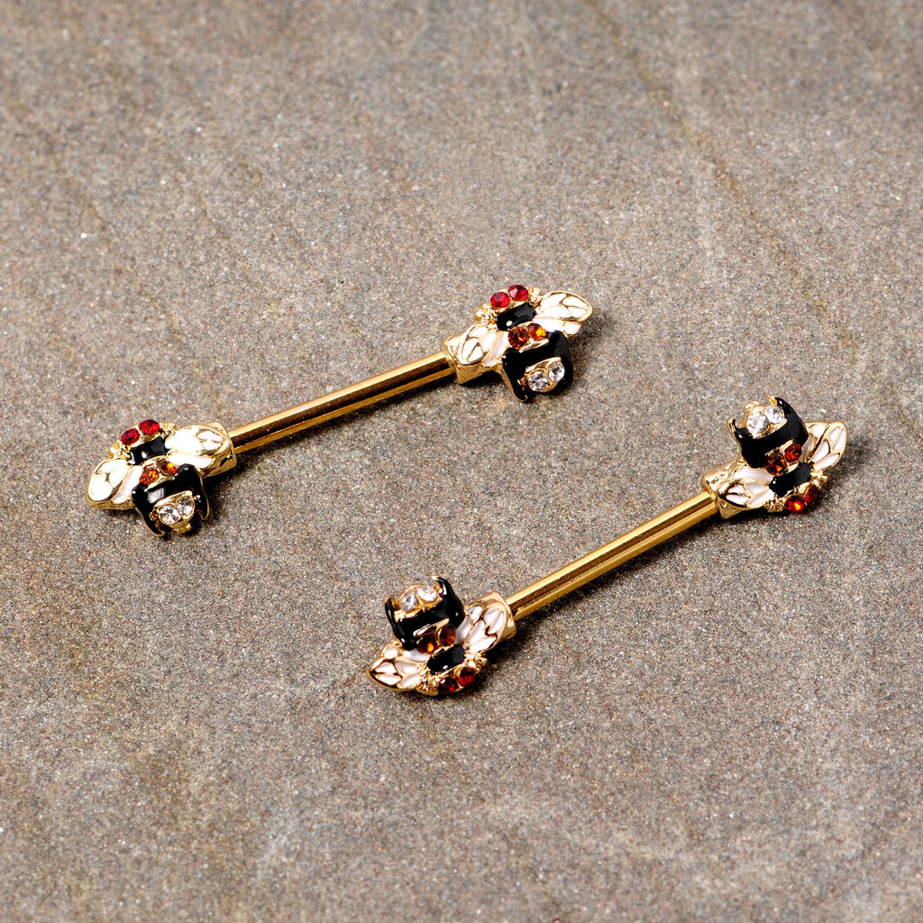 BodyCandy 14G 9/16 Clear Yellow Gem Gold Tone Bee Barbell Nipple Ring Set — detail close-up